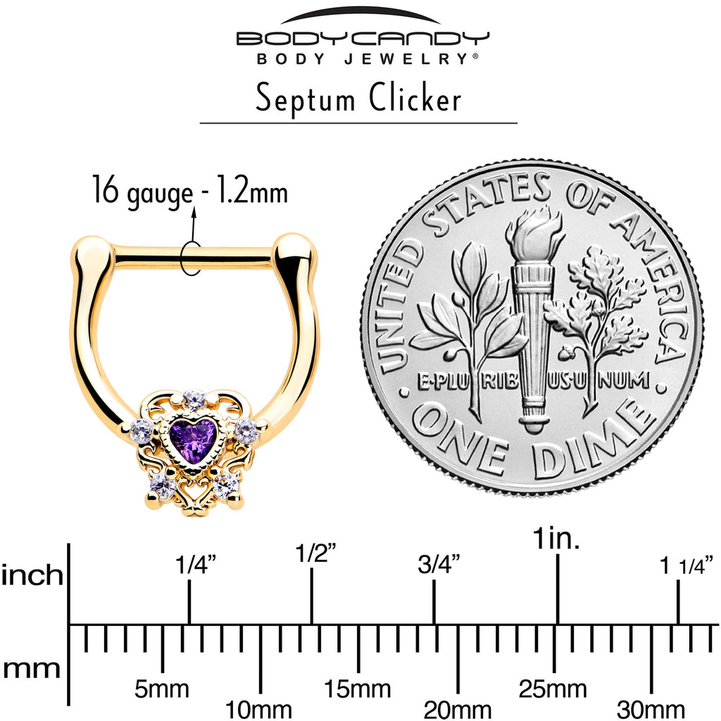 BodyCandy 16G 5/16 Purple CZ Gem Gold Tone Heart of Love Cartilage Clicker — side view