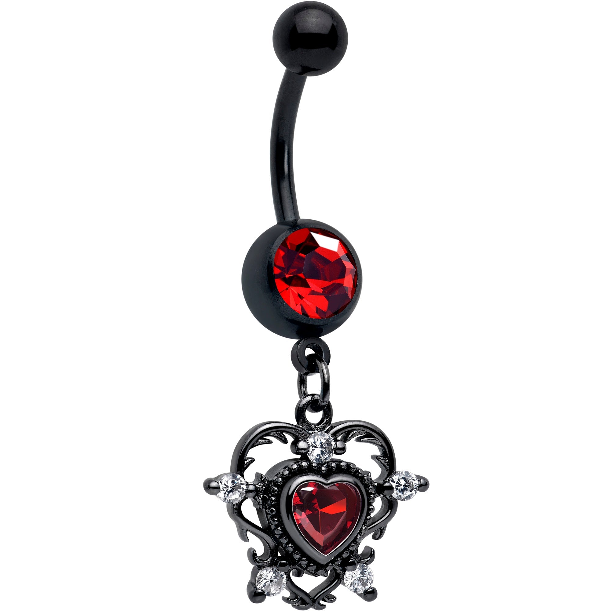 BodyCandy Red CZ Gem Black Double Heart Dangle Belly Ring — main product shot