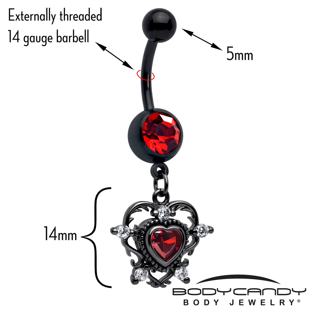 BodyCandy Red CZ Gem Black Double Heart Dangle Belly Ring — detail close-up