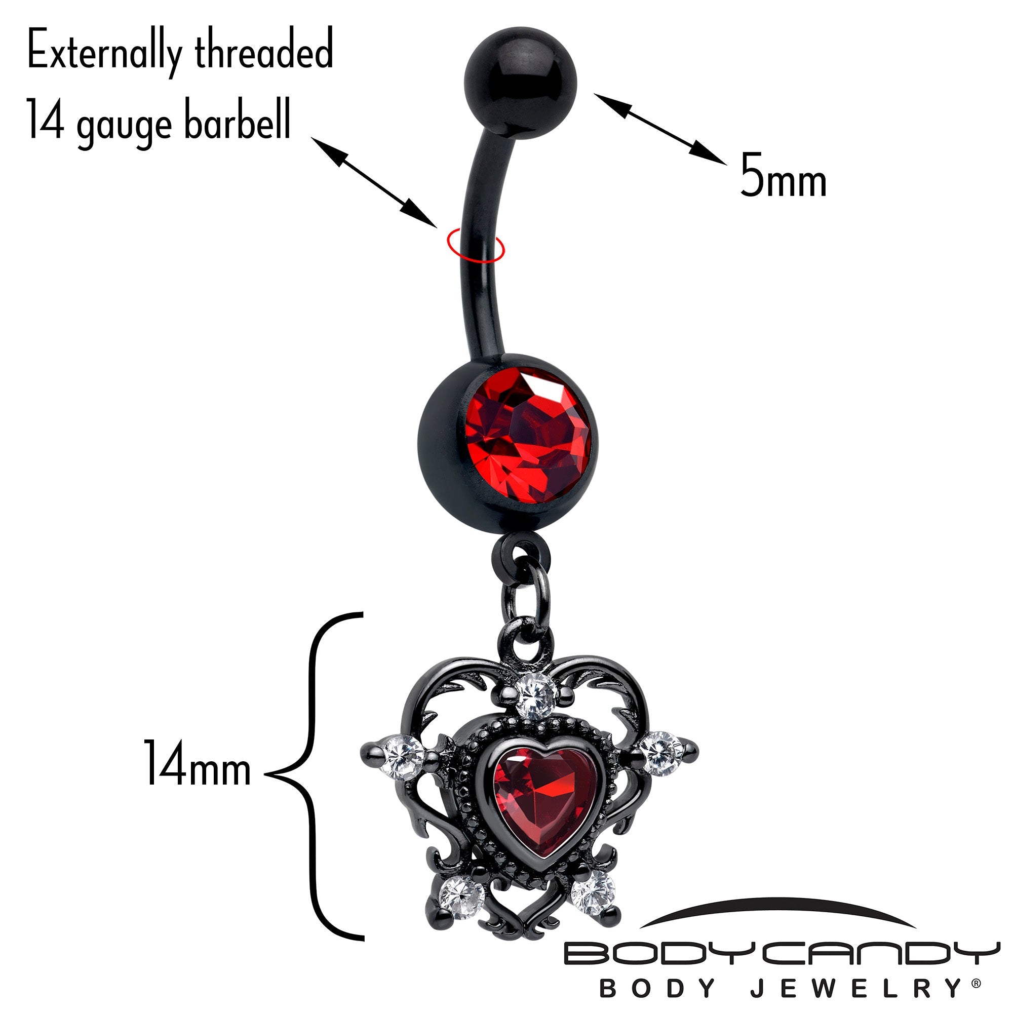 BodyCandy Red CZ Gem Black Double Heart Dangle Belly Ring — detail close-up