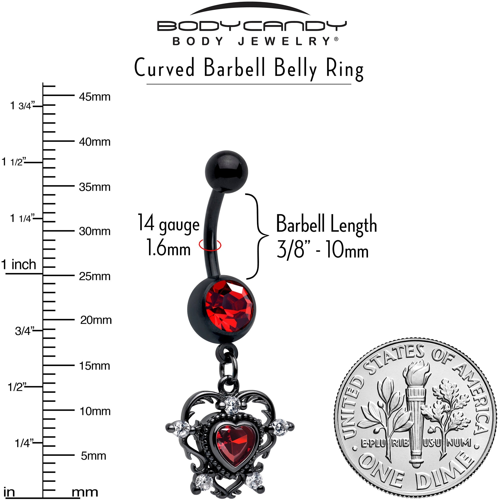 BodyCandy Red CZ Gem Black Double Heart Dangle Belly Ring — lifestyle context