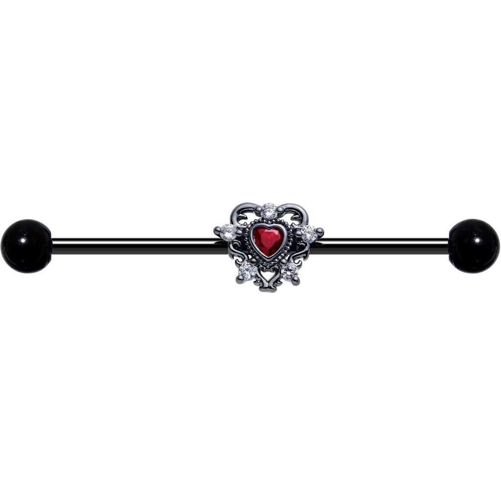 BodyCandy 14G Red CZ Gem Black Double Heart Industrial Barbell 38mm — detail close-up