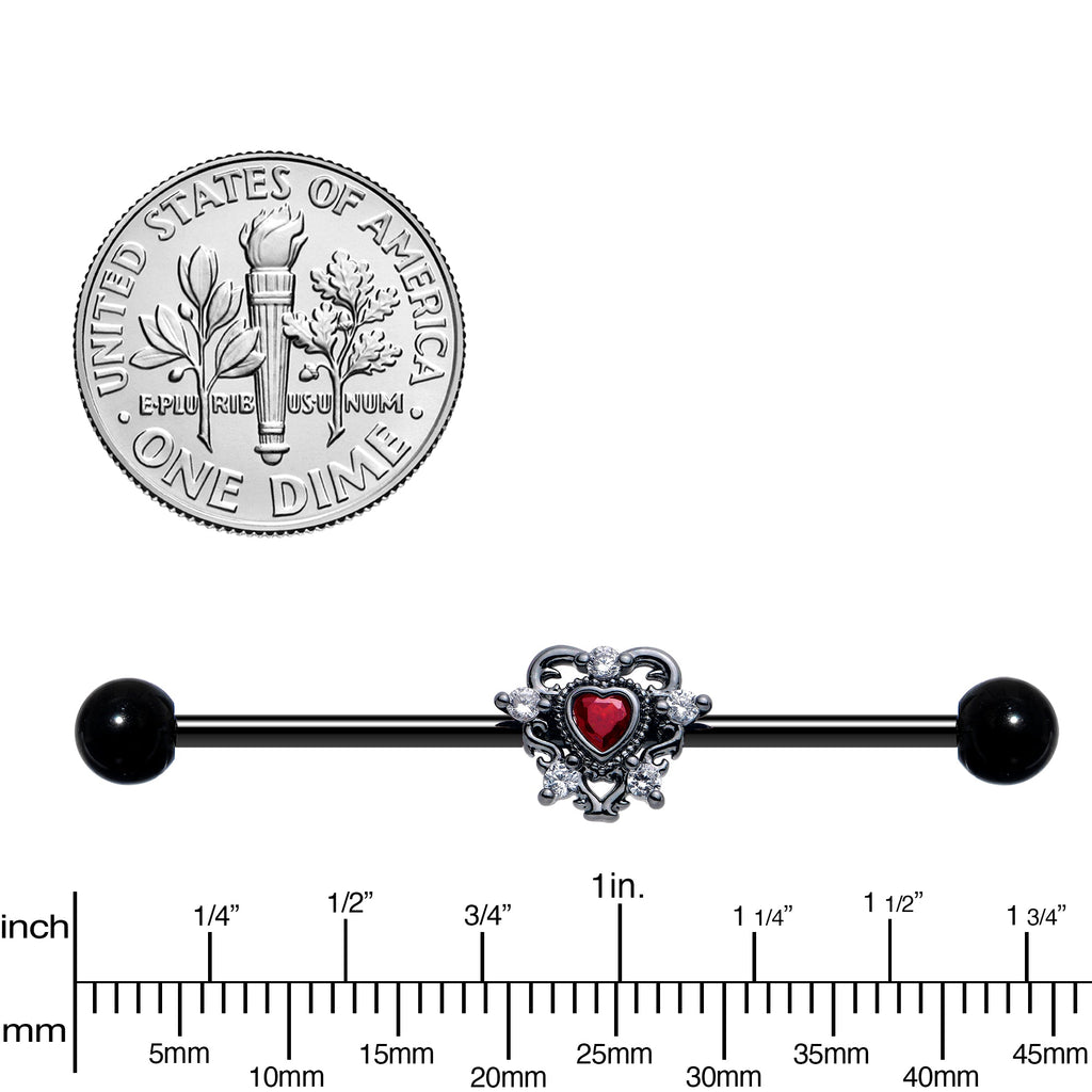 BodyCandy 14G Red CZ Gem Black Double Heart Industrial Barbell 38mm — side view