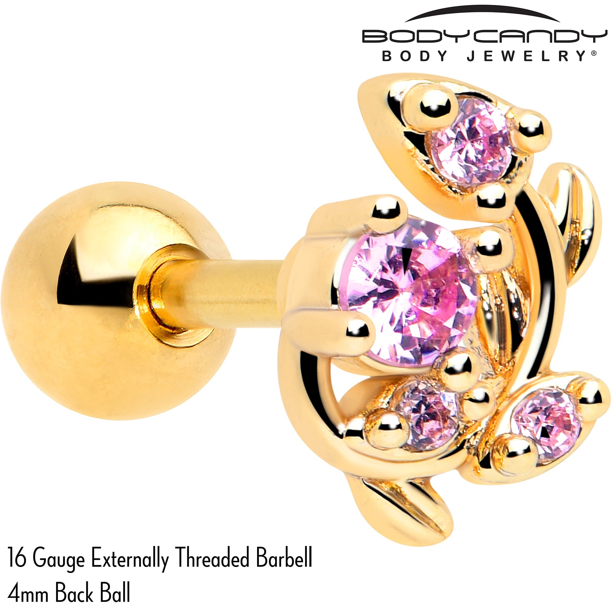 BodyCandy 16G 1/4 Pink Gem Gold Tone Twining Vine Cartilage Tragus Earring — detail close-up