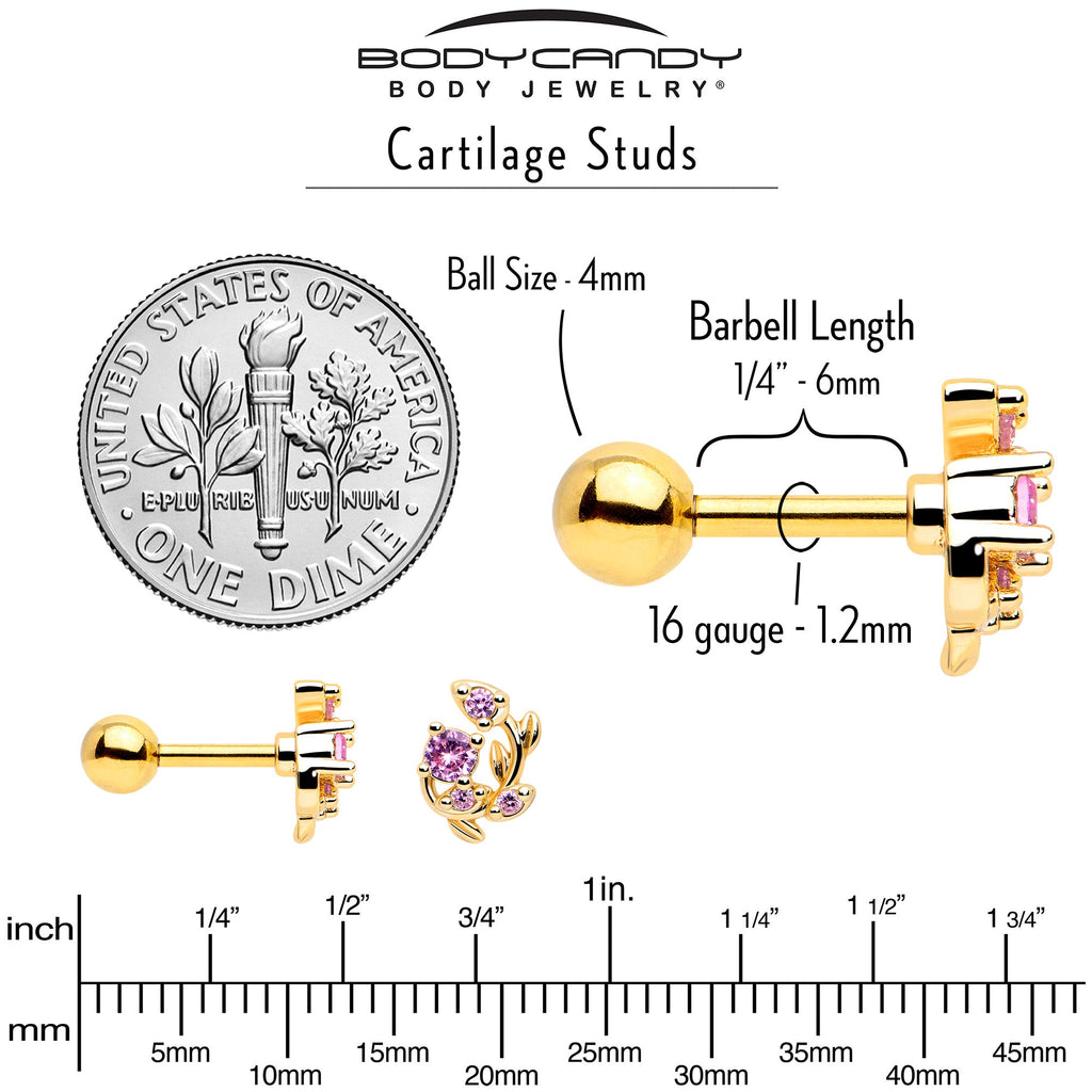 BodyCandy 16G 1/4 Pink Gem Gold Tone Twining Vine Cartilage Tragus Earring — back view