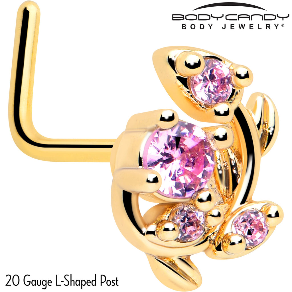 BodyCandy 20G 7mm Pink Gem Gold Tone Twining Vine L Shape Nose Ring — detail close-up