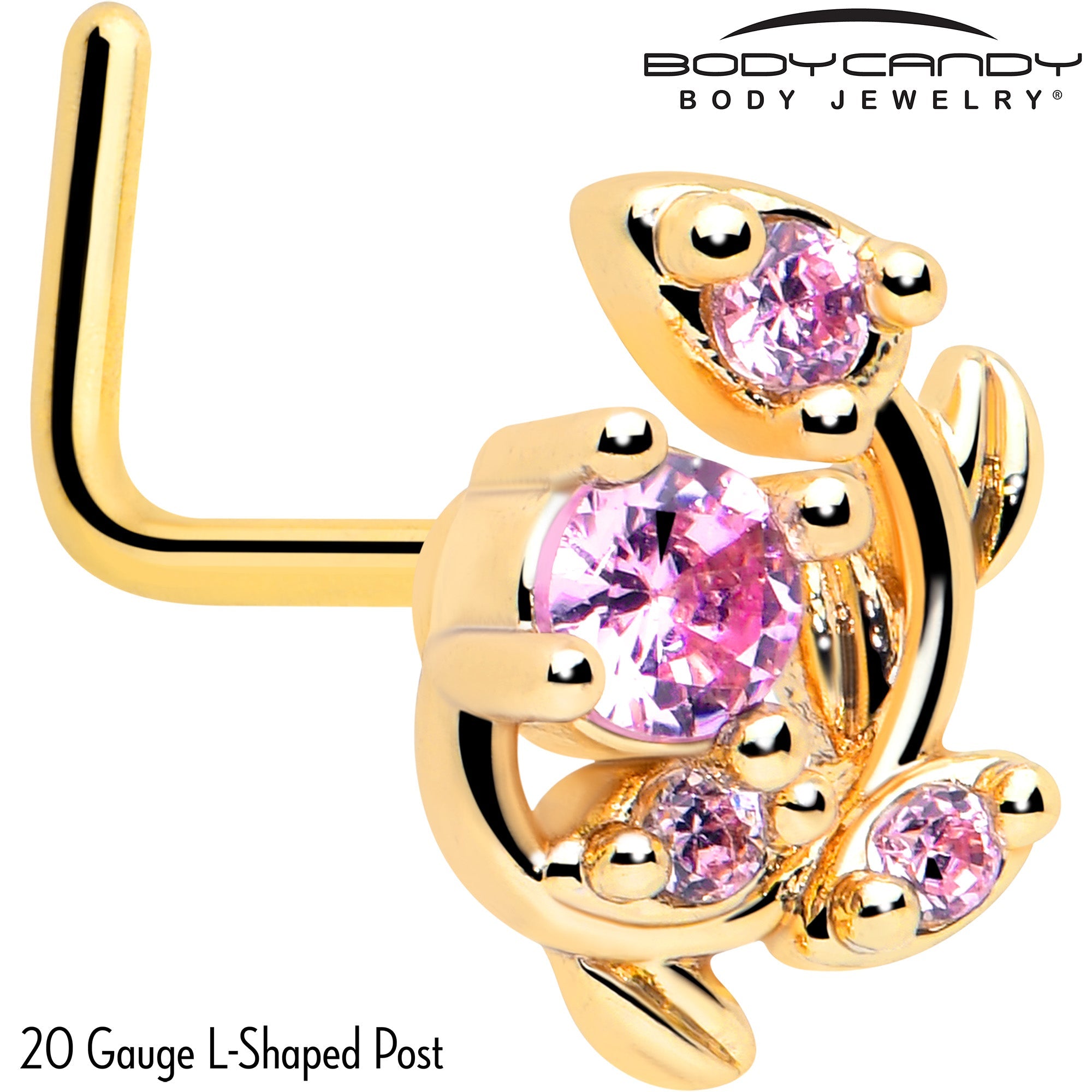BodyCandy 20G 7mm Pink Gem Gold Tone Twining Vine L Shape Nose Ring — detail close-up