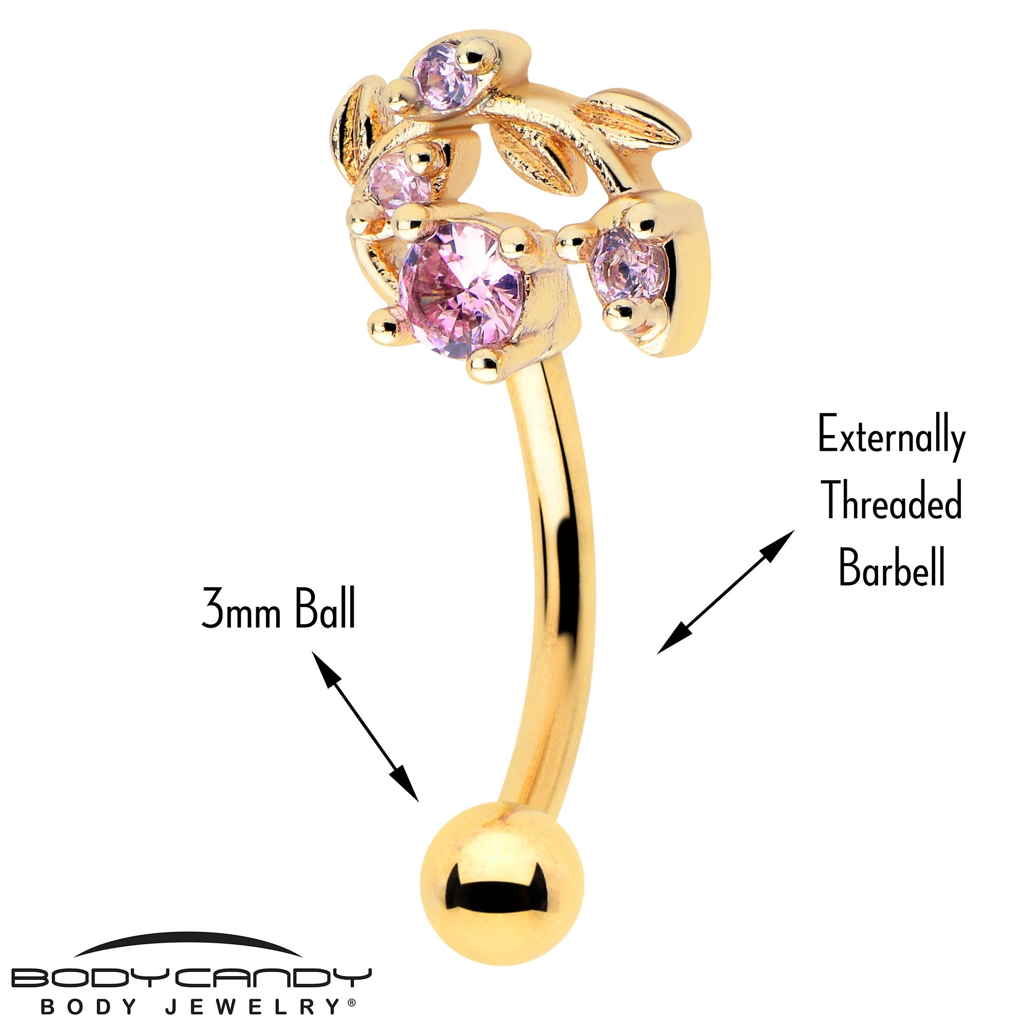 BodyCandy 16G 5/16 Pink Gem Gold Tone Twining Vine Curved Eyebrow Ring — detail close-up