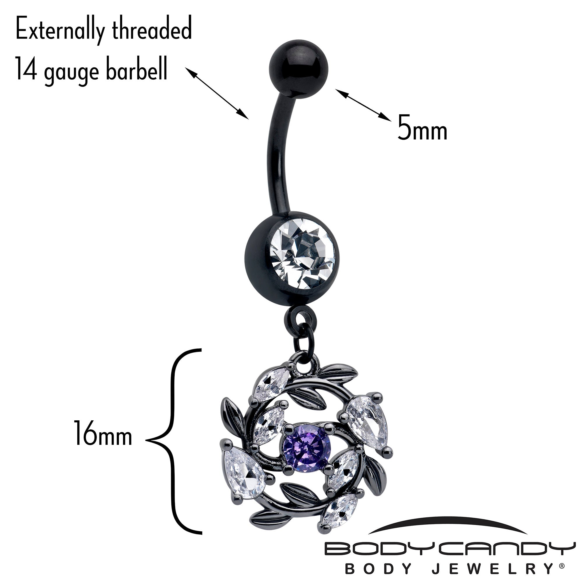 BodyCandy Purple Clear Gem Black Twining Vine Dangle Belly Ring — detail close-up