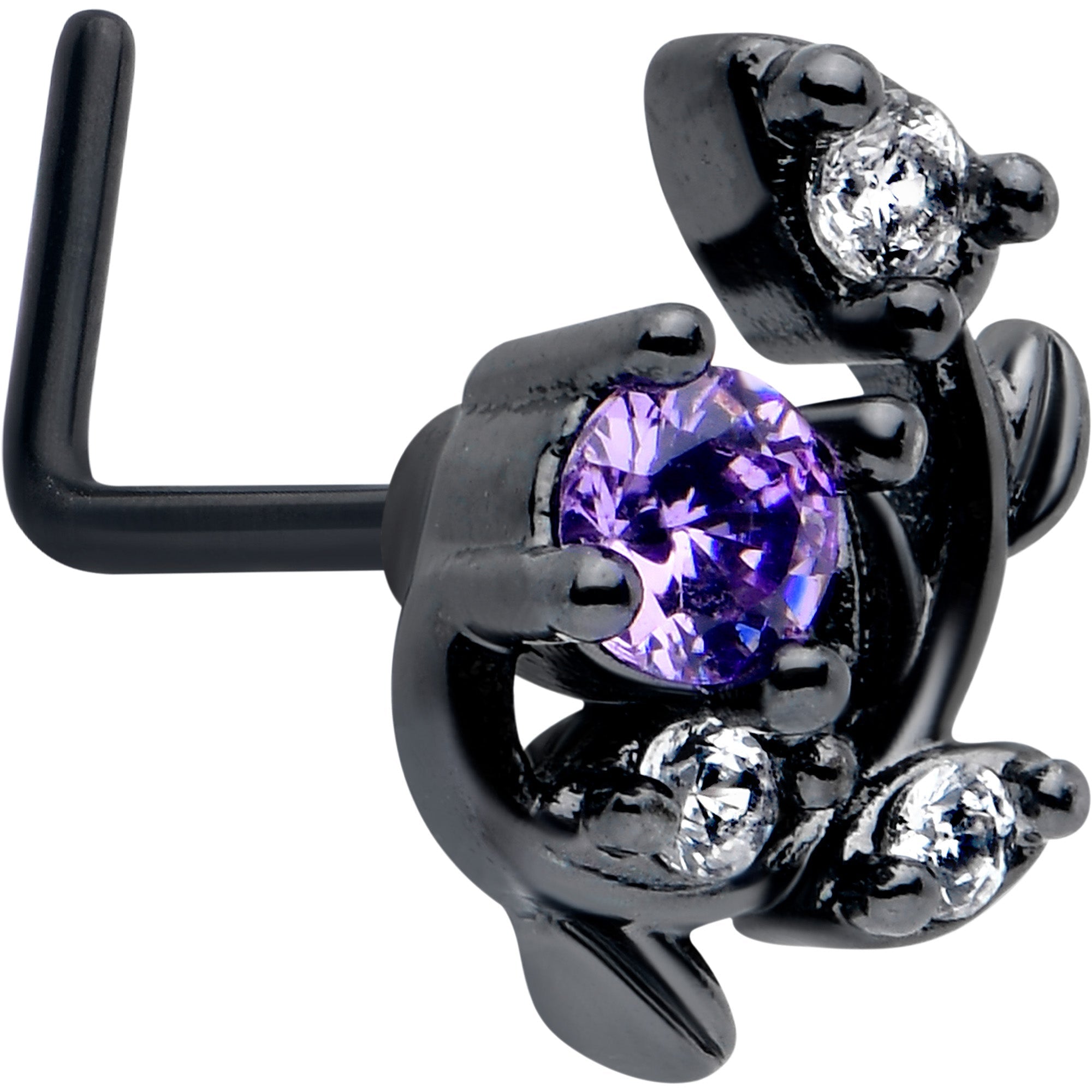 BodyCandy 20G 7mm Purple Clear Gem Black Twining Vine L Shape Nose Ring — main product shot