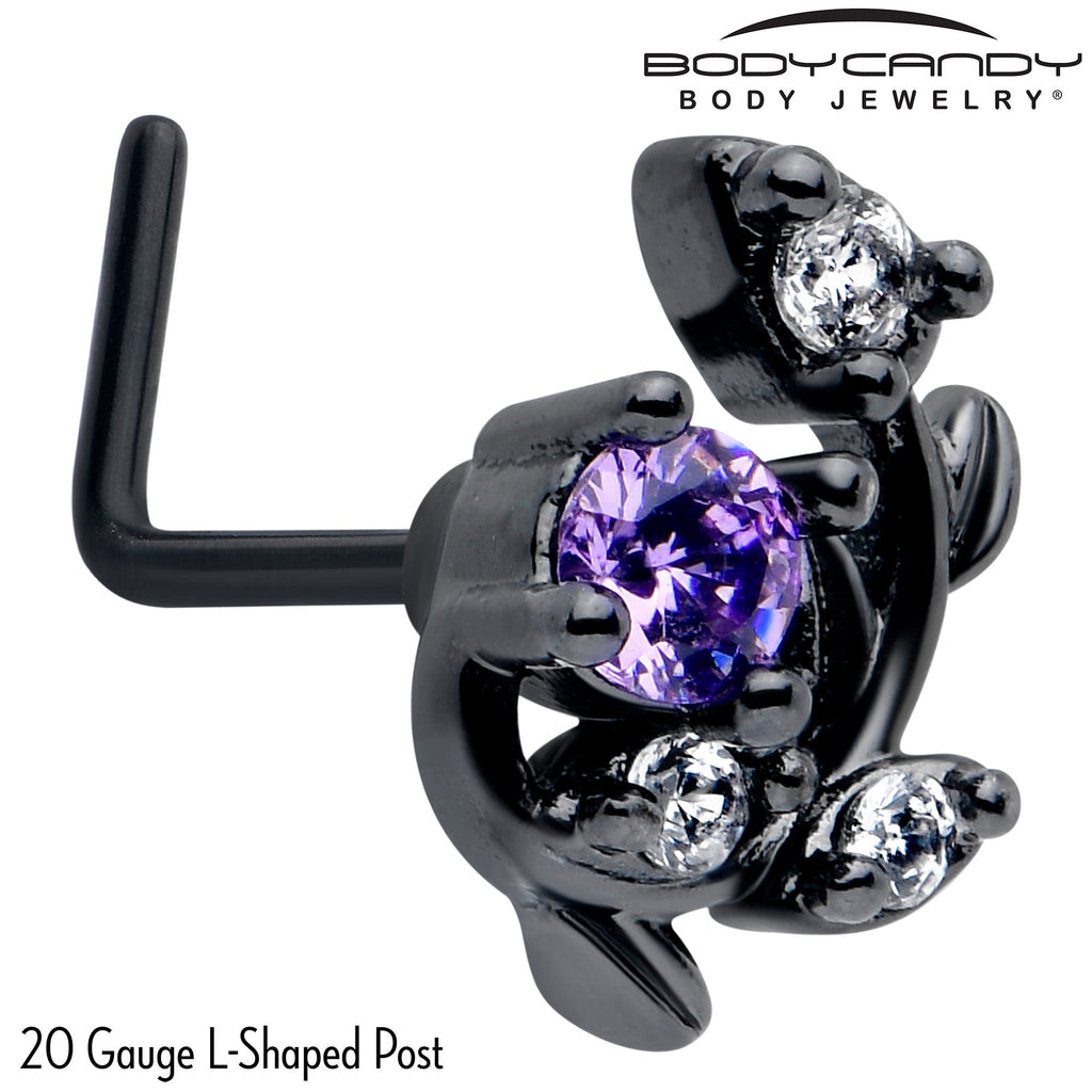 BodyCandy 20G 7mm Purple Clear Gem Black Twining Vine L Shape Nose Ring — detail close-up