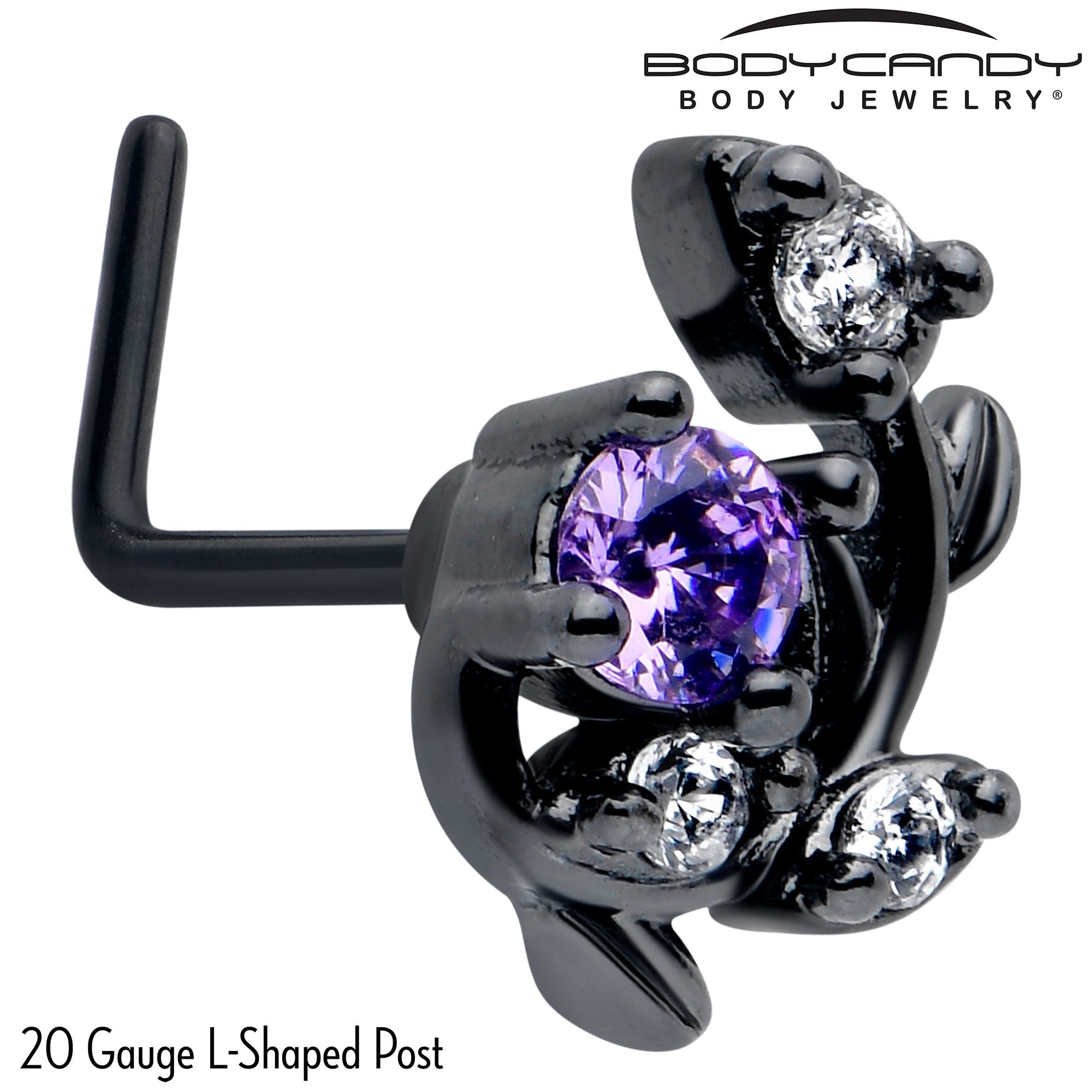 BodyCandy 20G 7mm Purple Clear Gem Black Twining Vine L Shape Nose Ring — detail close-up