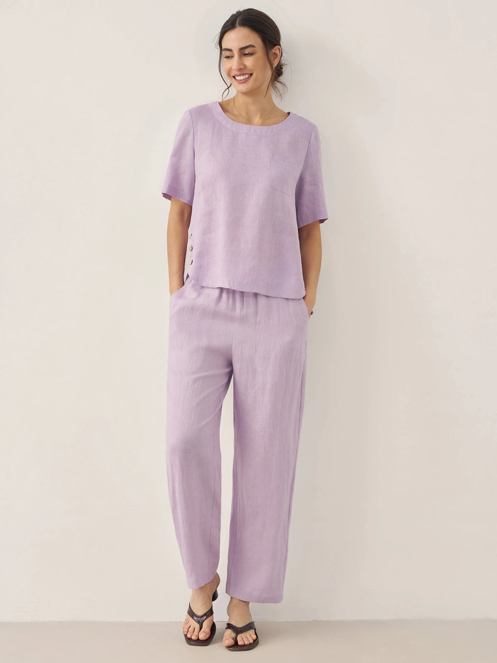 LINTICO 100% Linen Short-Sleeve Round Neck Button Detail Top & Pants Set SASHA — main product shot