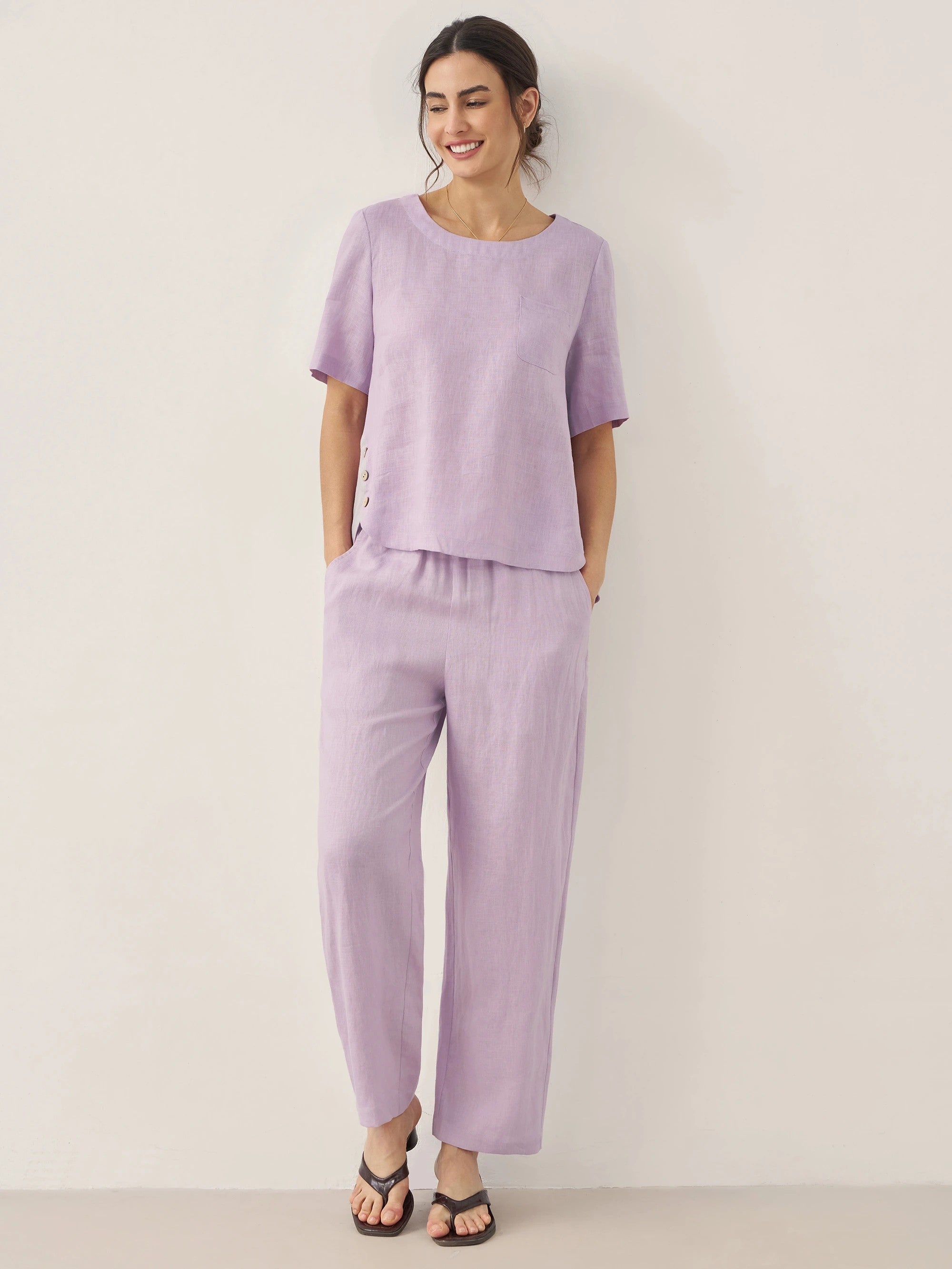 LINTICO 100% Linen Short-Sleeve Round Neck Button Detail Top & Pants Set SASHA — main product shot