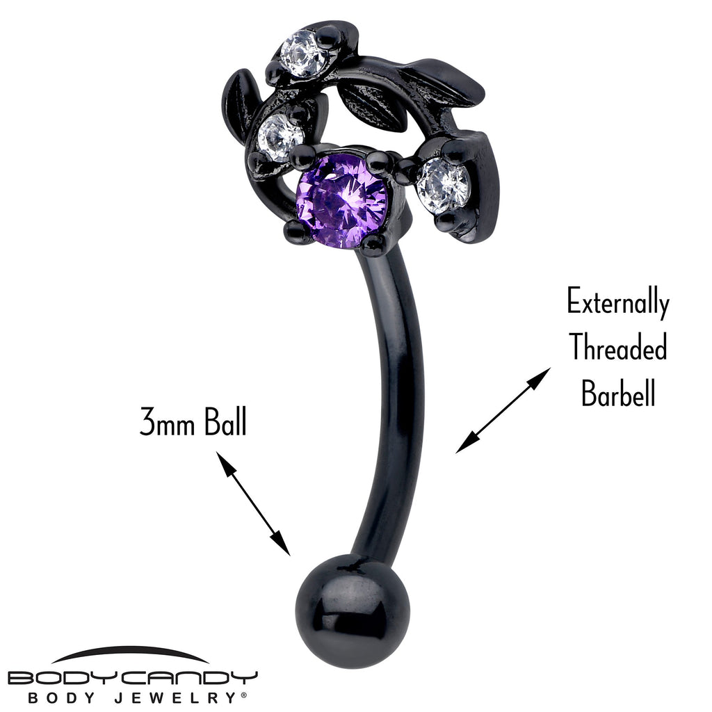 BodyCandy 16G 5/16 Purple Gem Black Twining Vine Curved Eyebrow Ring — detail close-up