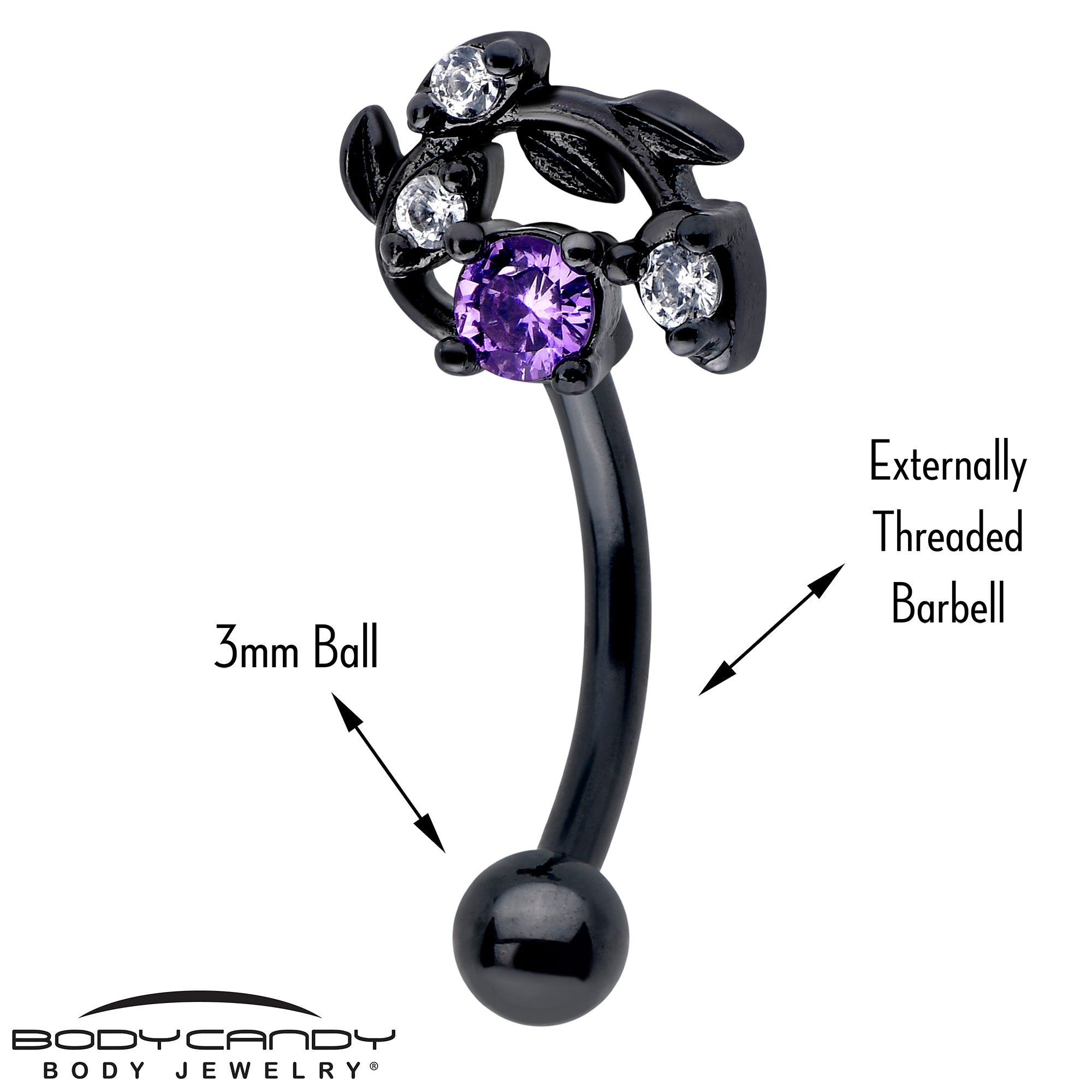 BodyCandy 16G 5/16 Purple Gem Black Twining Vine Curved Eyebrow Ring — detail close-up