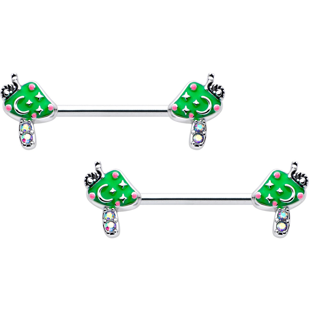 BodyCandy 14G 9/16 Aurora Gem Fanciful Green Mushroom Barbell Nipple Ring Set — main product shot