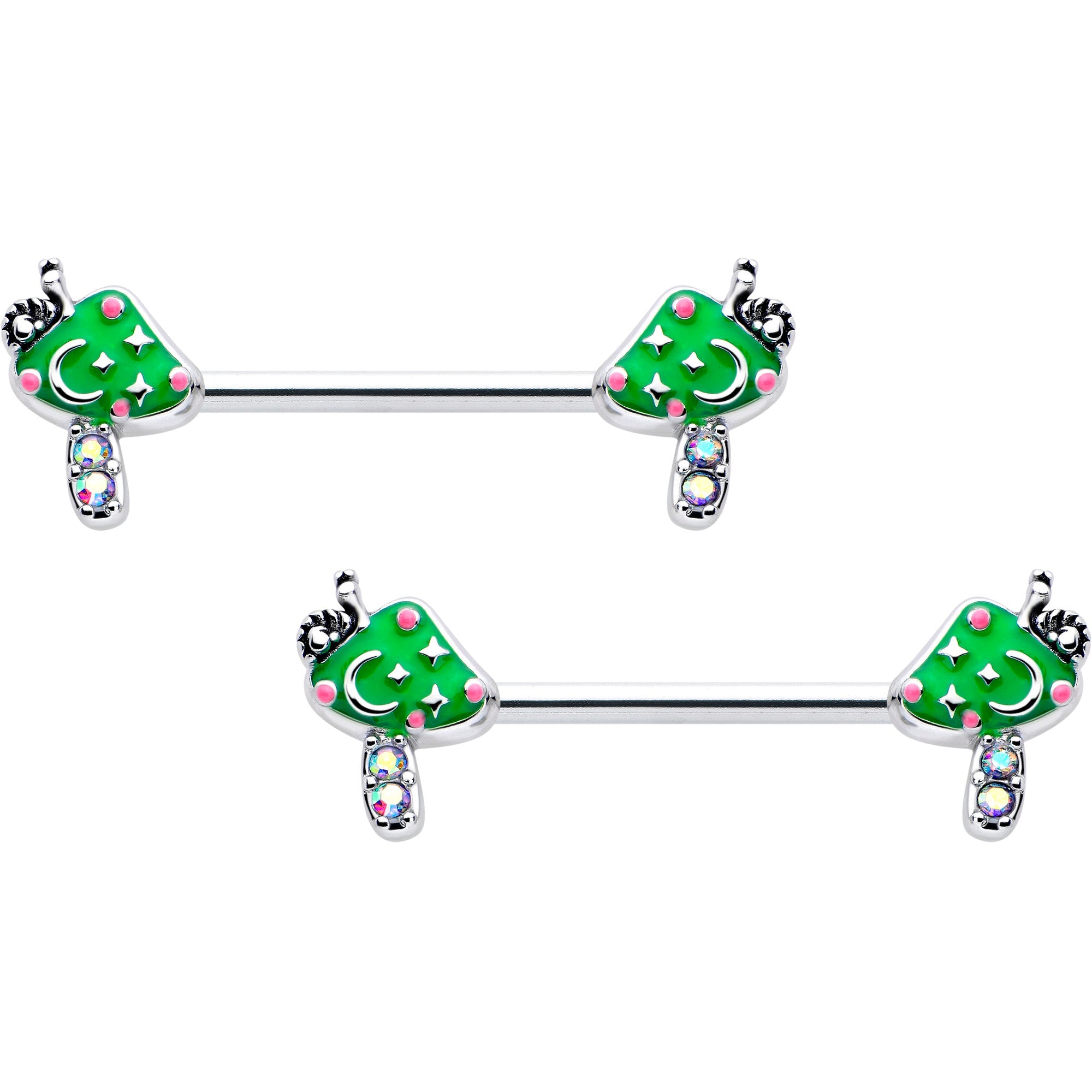 BodyCandy 14G 9/16 Aurora Gem Fanciful Green Mushroom Barbell Nipple Ring Set — main product shot