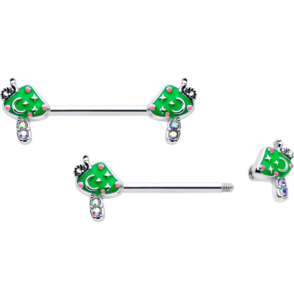 BodyCandy 14G 9/16 Aurora Gem Fanciful Green Mushroom Barbell Nipple Ring Set — detail close-up