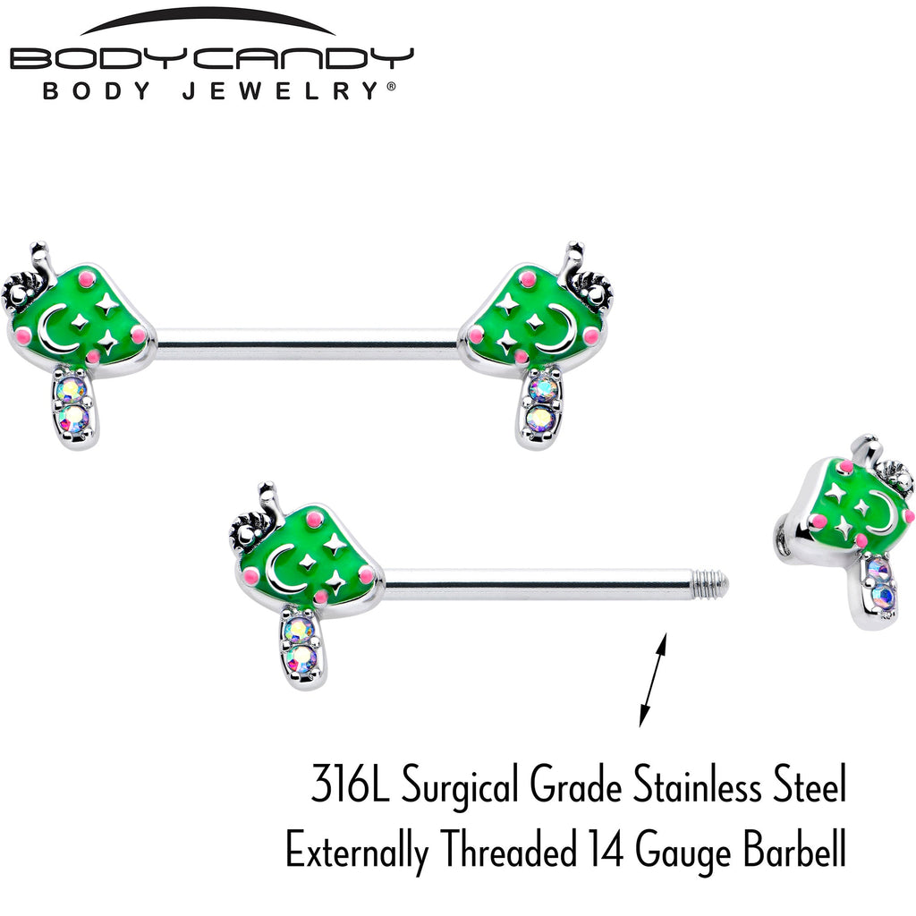 BodyCandy 14G 9/16 Aurora Gem Fanciful Green Mushroom Barbell Nipple Ring Set — lifestyle context