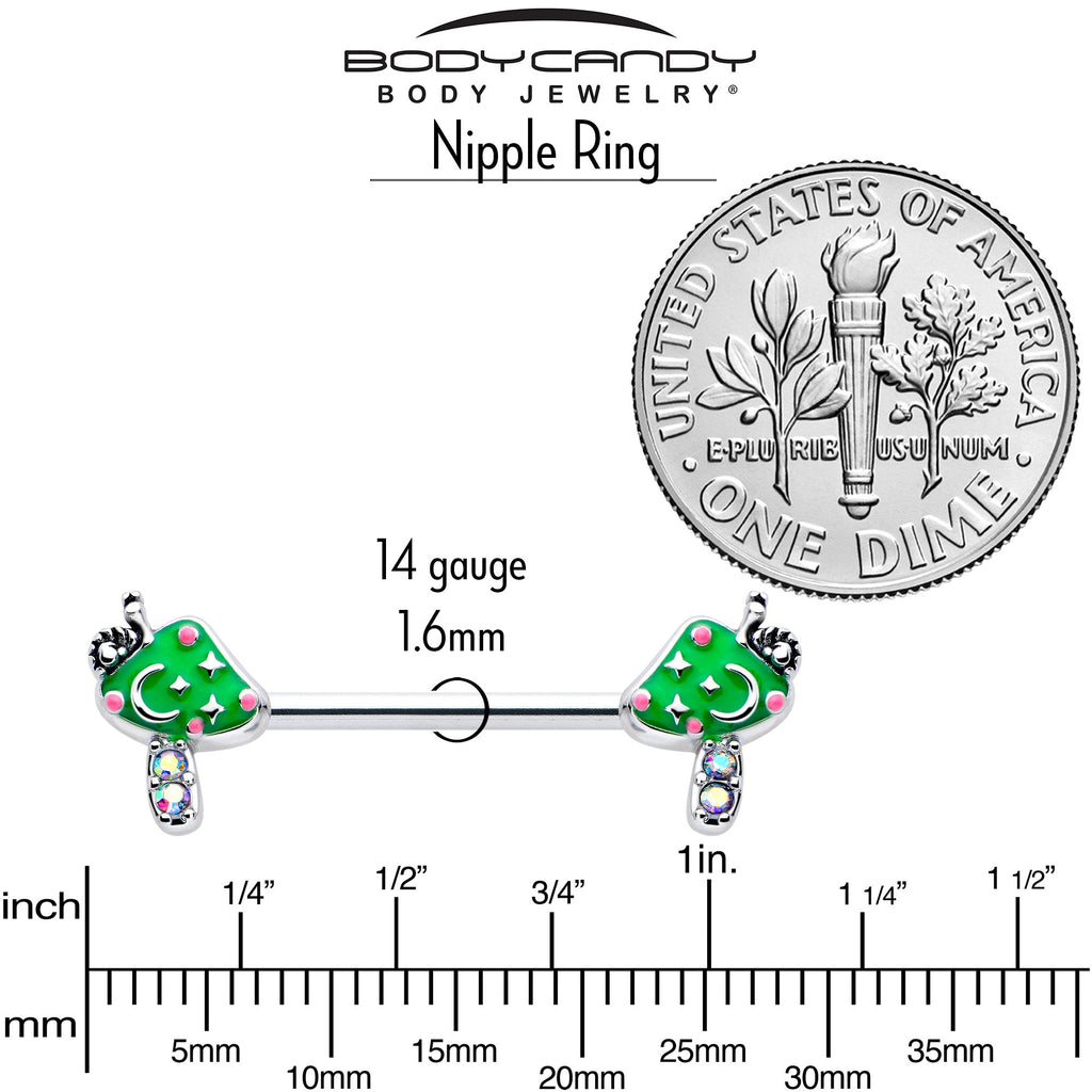 BodyCandy 14G 9/16 Aurora Gem Fanciful Green Mushroom Barbell Nipple Ring Set — side view