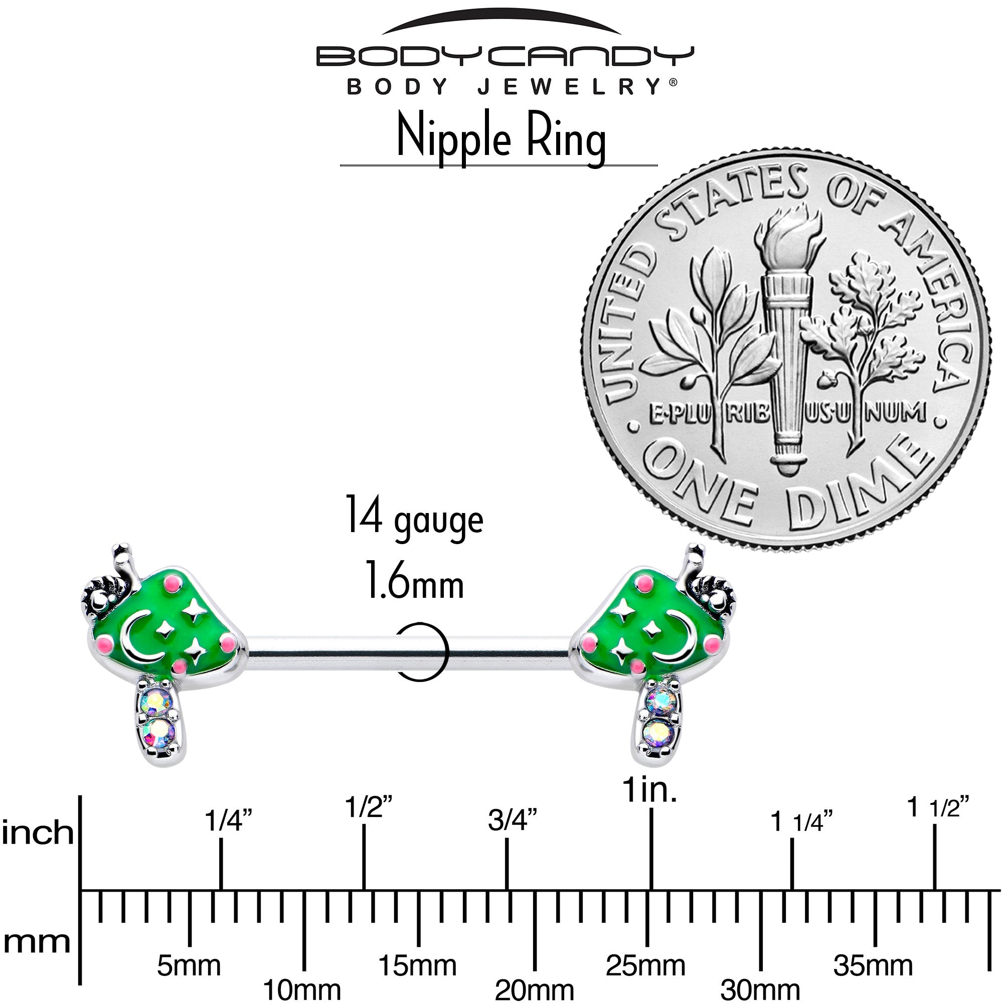 BodyCandy 14G 9/16 Aurora Gem Fanciful Green Mushroom Barbell Nipple Ring Set — side view