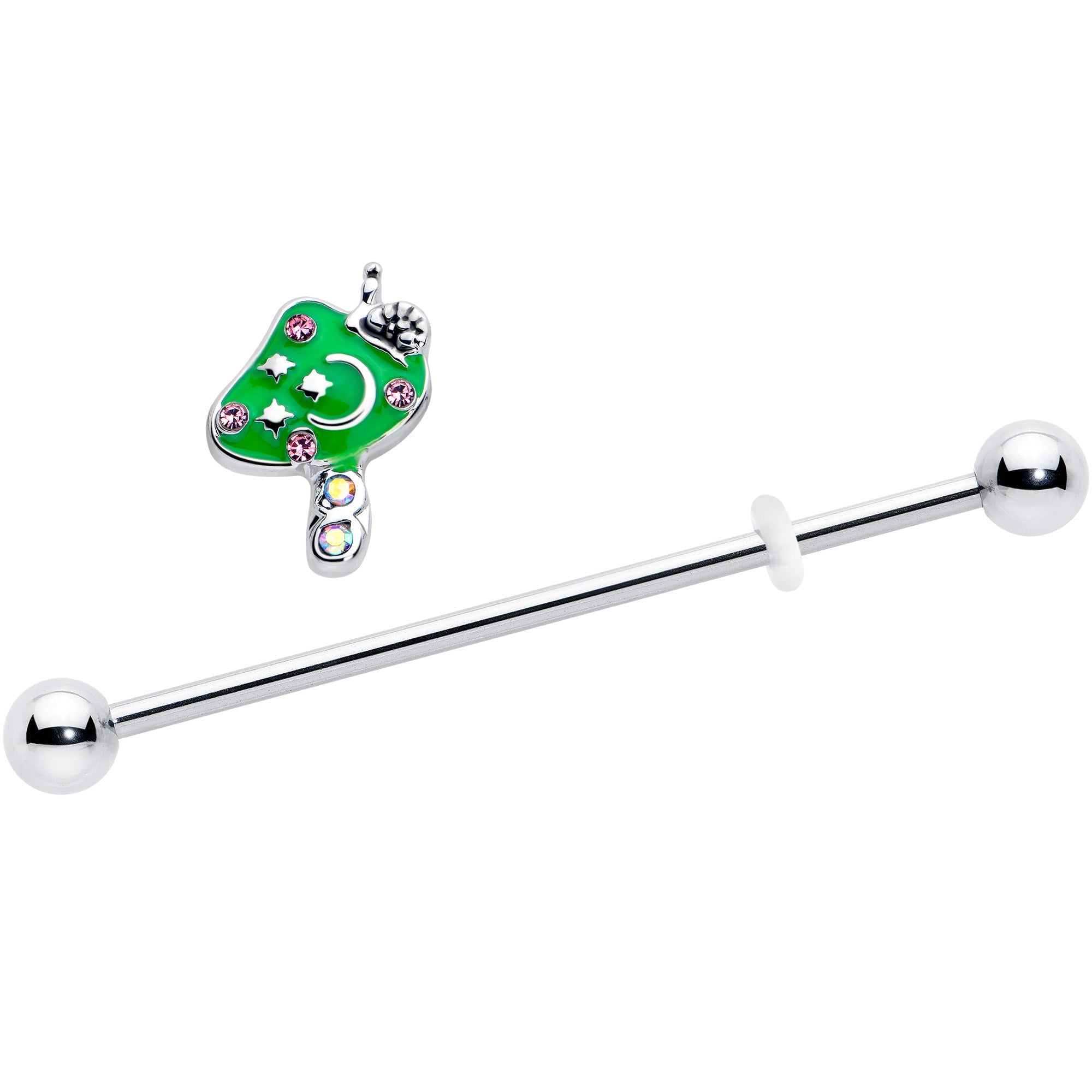 BodyCandy 14G Pink Gem Fanciful Green Mushroom Industrial Barbell 38mm — detail close-up