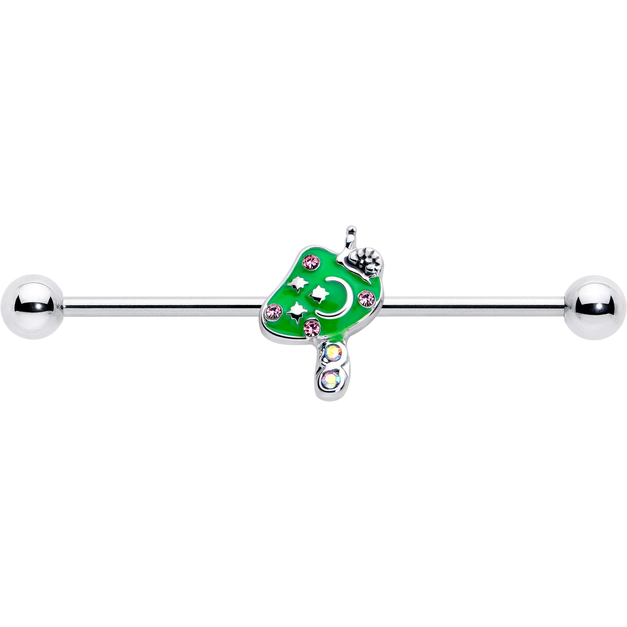 BodyCandy 14G Pink Gem Fanciful Green Mushroom Industrial Barbell 38mm — lifestyle context