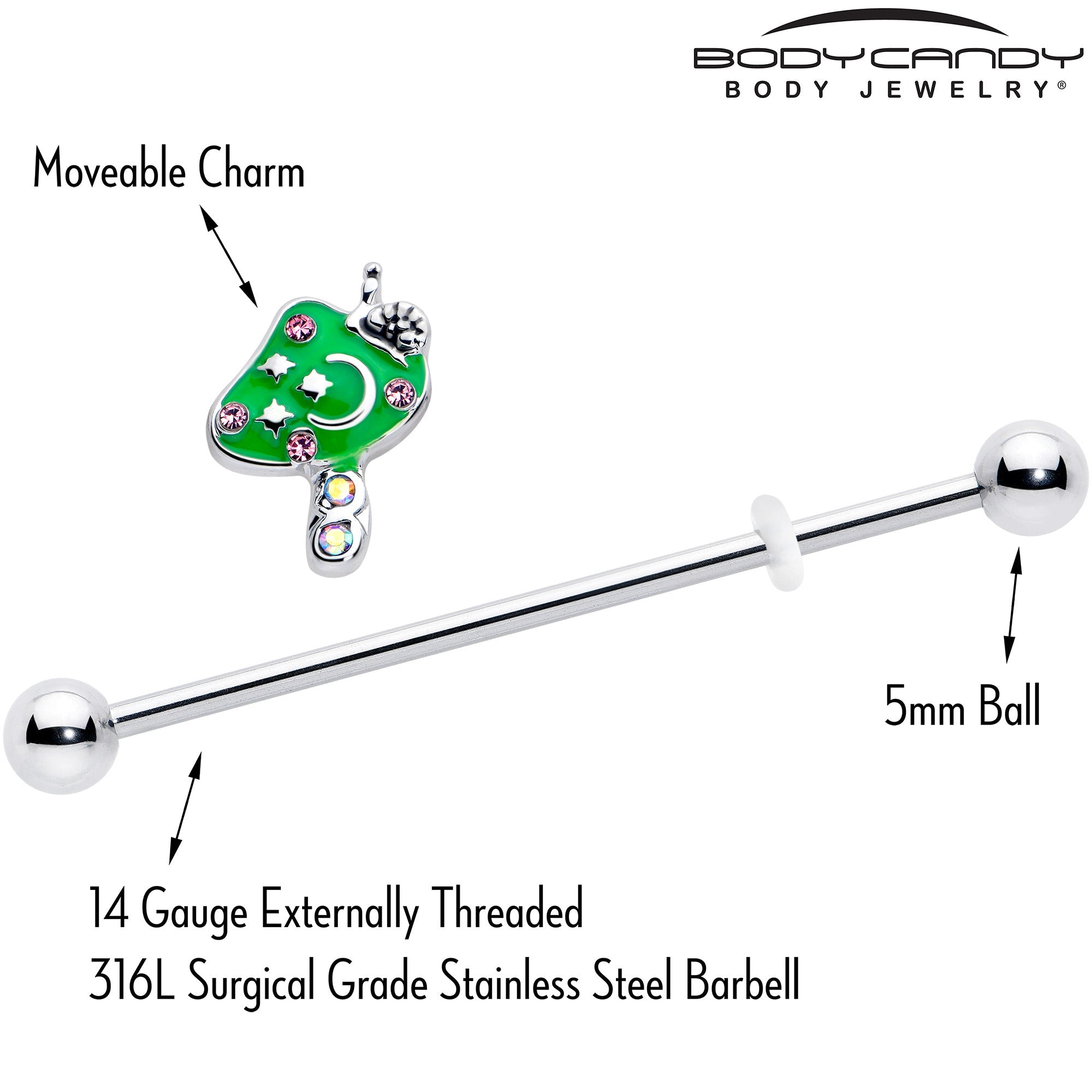 BodyCandy 14G Pink Gem Fanciful Green Mushroom Industrial Barbell 38mm — side view