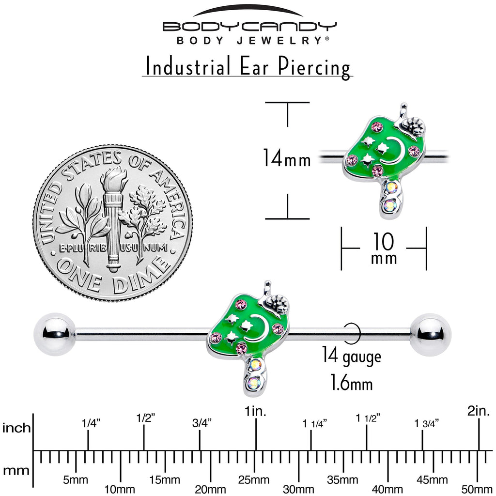 BodyCandy 14G Pink Gem Fanciful Green Mushroom Industrial Barbell 38mm — back view