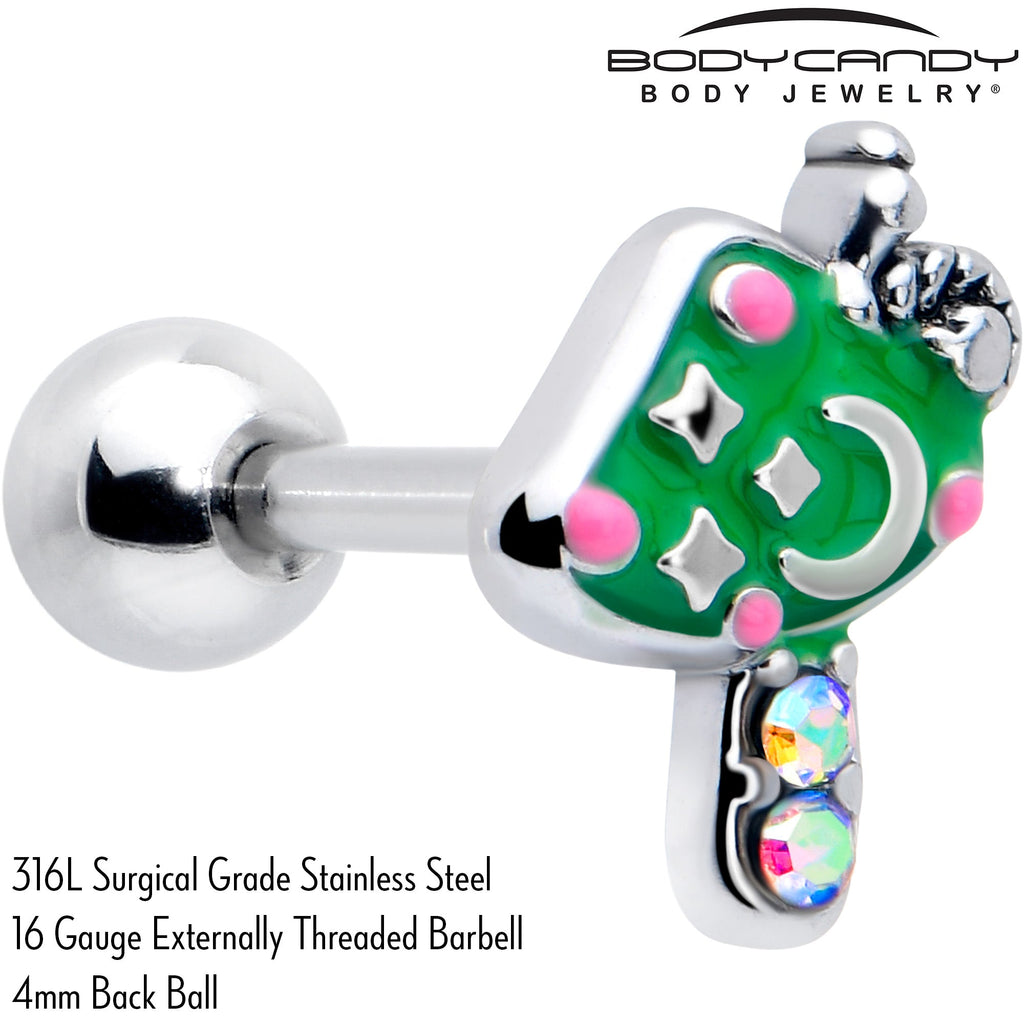 BodyCandy 16G 1/4 Aurora Gem Fanciful Green Mushroom Cartilage Tragus Earring — detail close-up