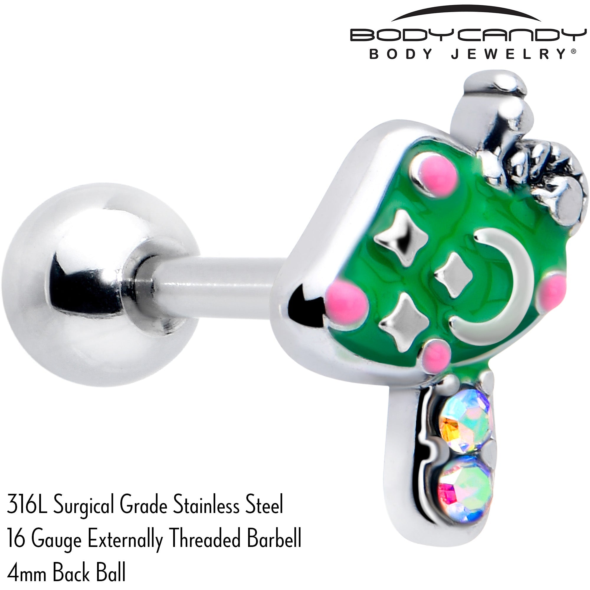 BodyCandy 16G 1/4 Aurora Gem Fanciful Green Mushroom Cartilage Tragus Earring — detail close-up