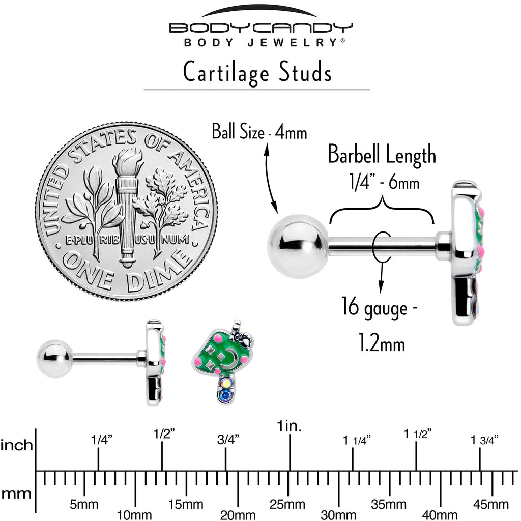 BodyCandy 16G 1/4 Aurora Gem Fanciful Green Mushroom Cartilage Tragus Earring — back view