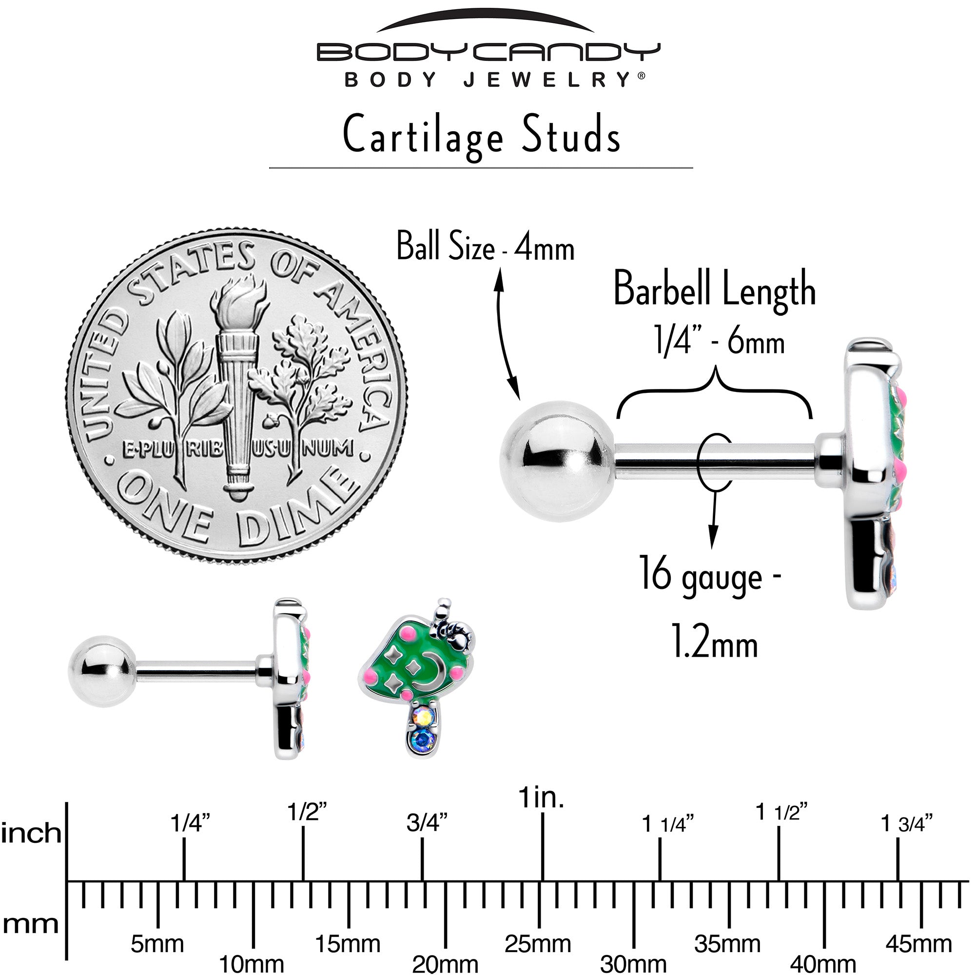 BodyCandy 16G 1/4 Aurora Gem Fanciful Green Mushroom Cartilage Tragus Earring — back view