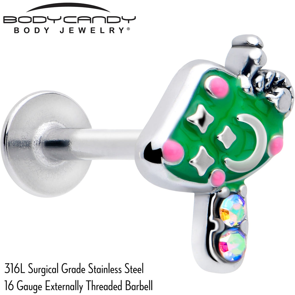 BodyCandy 16G 5/16 Aurora Gem Fanciful Green Mushroom Labret Monroe Tragus — detail close-up