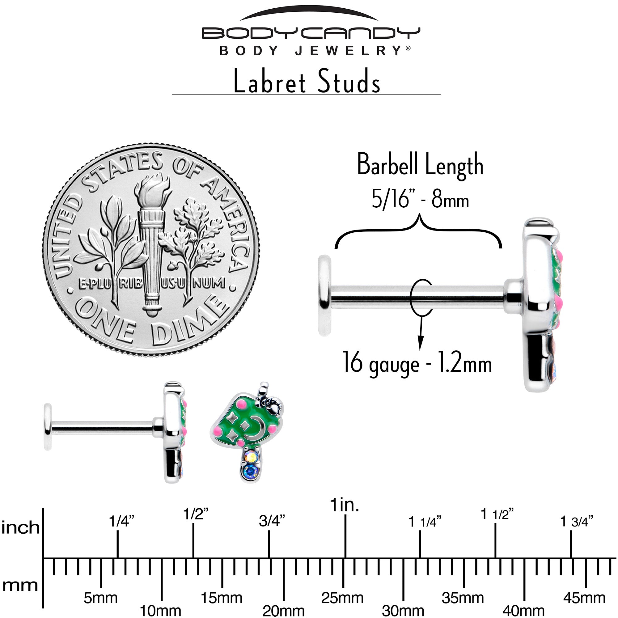 BodyCandy 16G 5/16 Aurora Gem Fanciful Green Mushroom Labret Monroe Tragus — back view