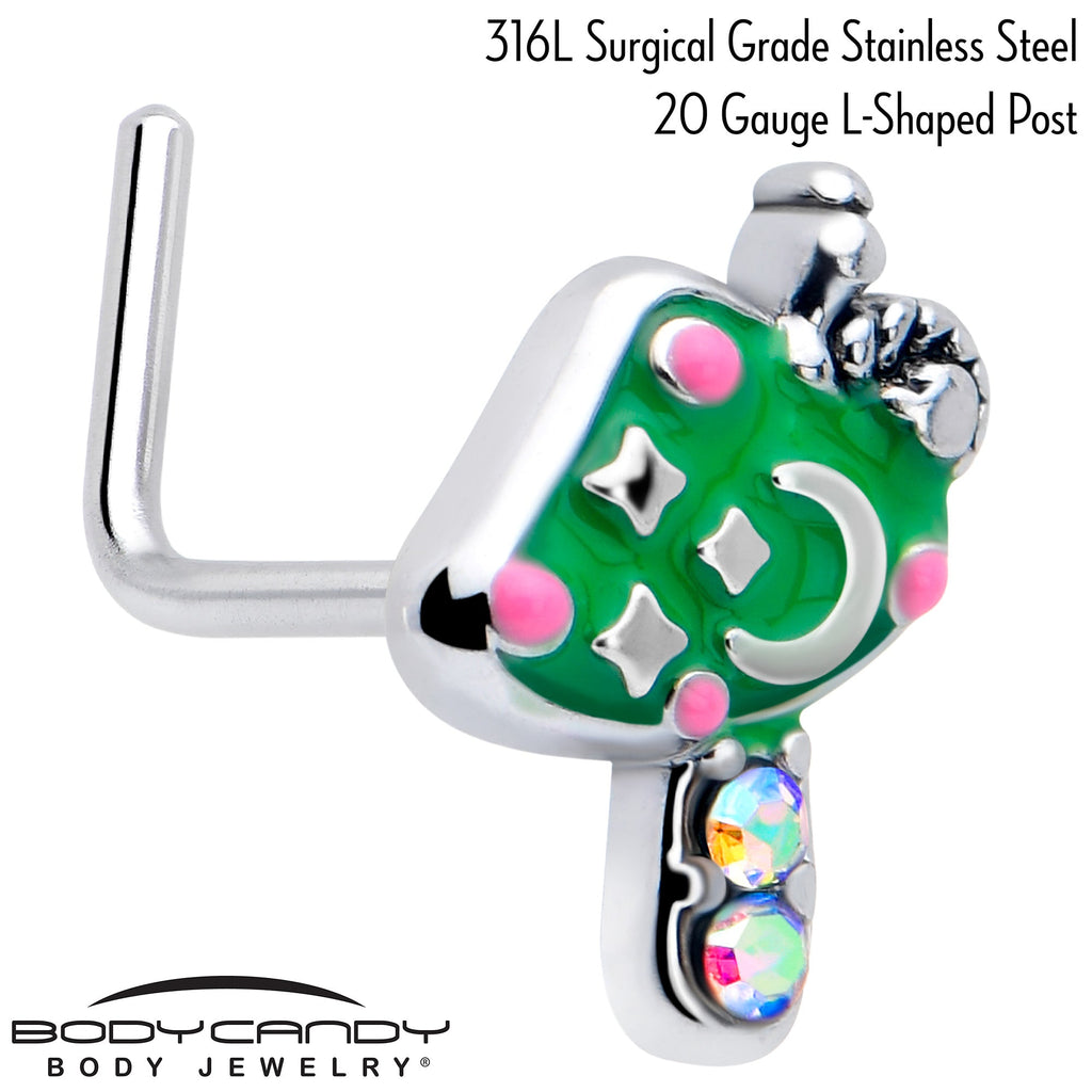 BodyCandy 20G 7mm Aurora Gem Fanciful Green Mushroom L Shape Nose Ring — detail close-up