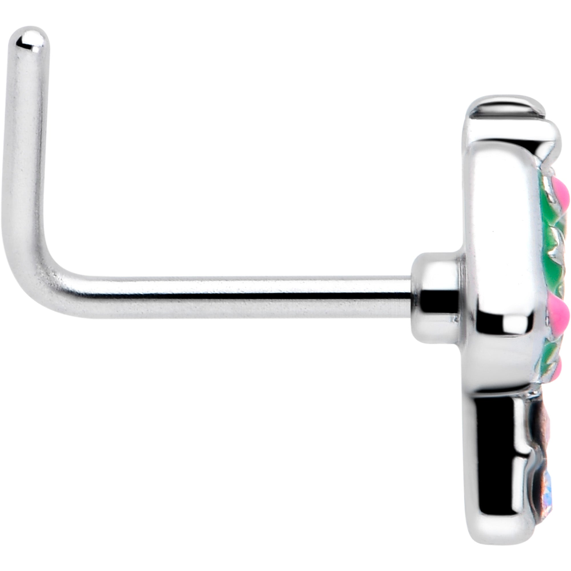 BodyCandy 20G 7mm Aurora Gem Fanciful Green Mushroom L Shape Nose Ring — side view