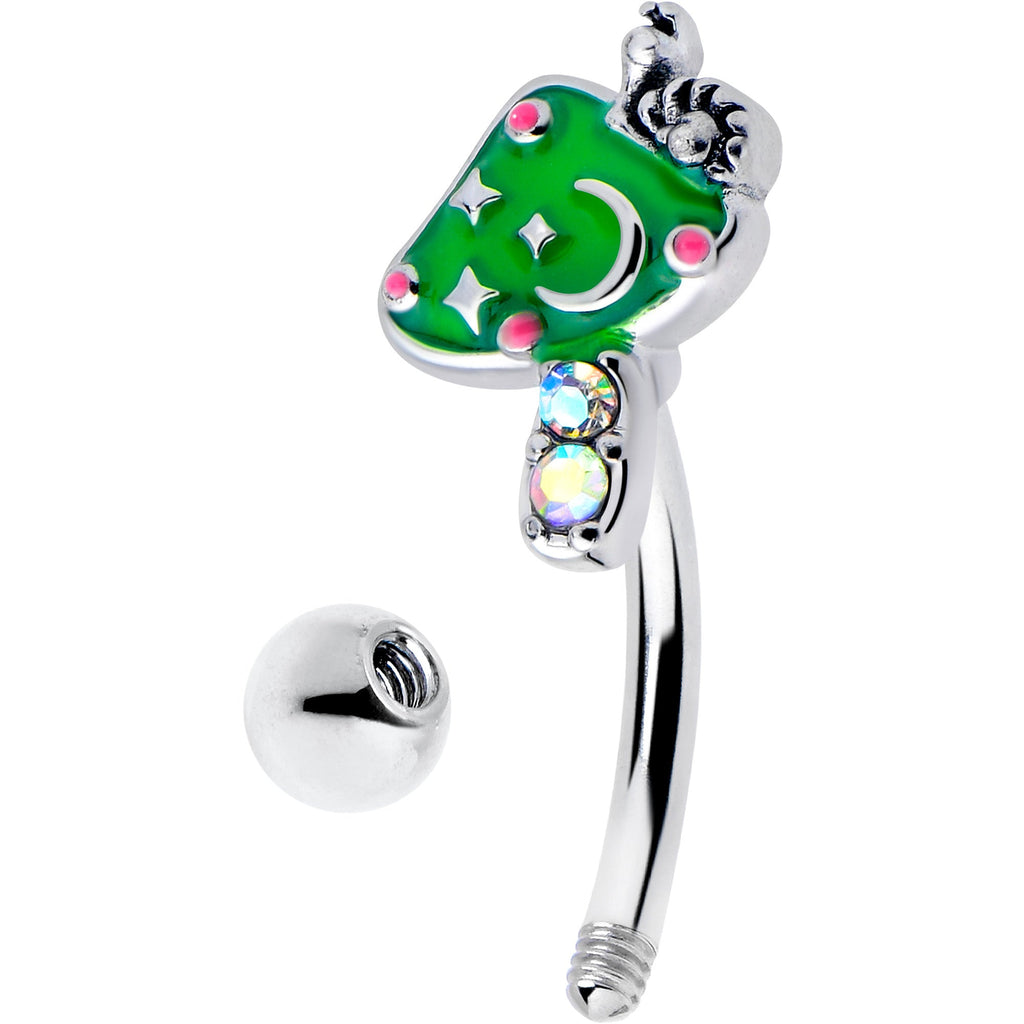 BodyCandy 16G 5/16 Aurora Gem Fanciful Green Mushroom Curved Eyebrow Ring — detail close-up