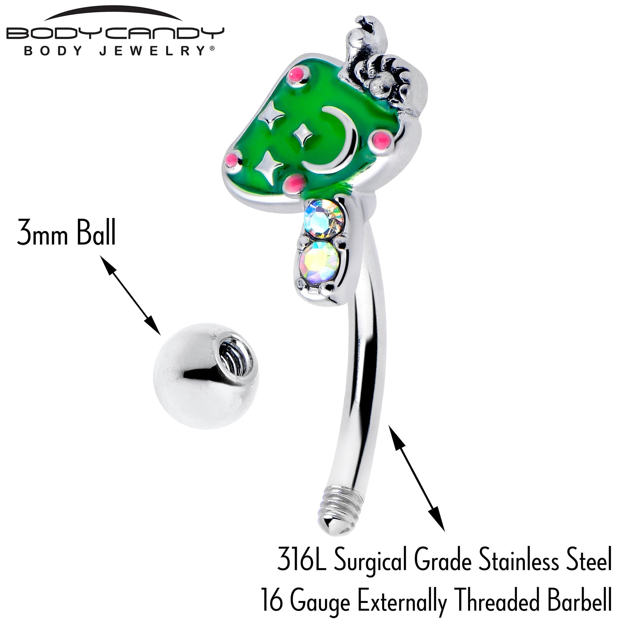 BodyCandy 16G 5/16 Aurora Gem Fanciful Green Mushroom Curved Eyebrow Ring — side view