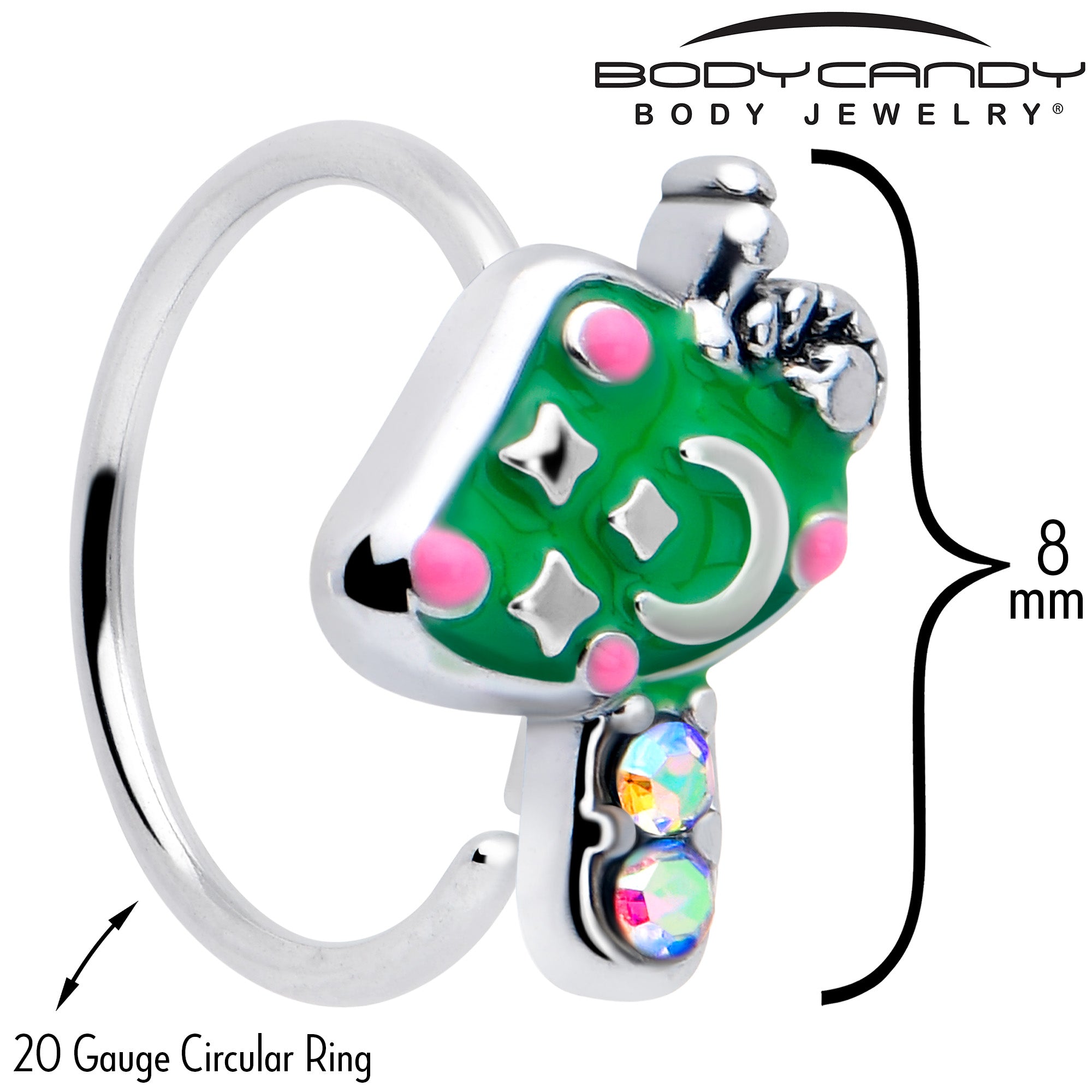 BodyCandy 20G 5/16 Aurora Gem Fanciful Green Mushroom Nose Hoop — detail close-up