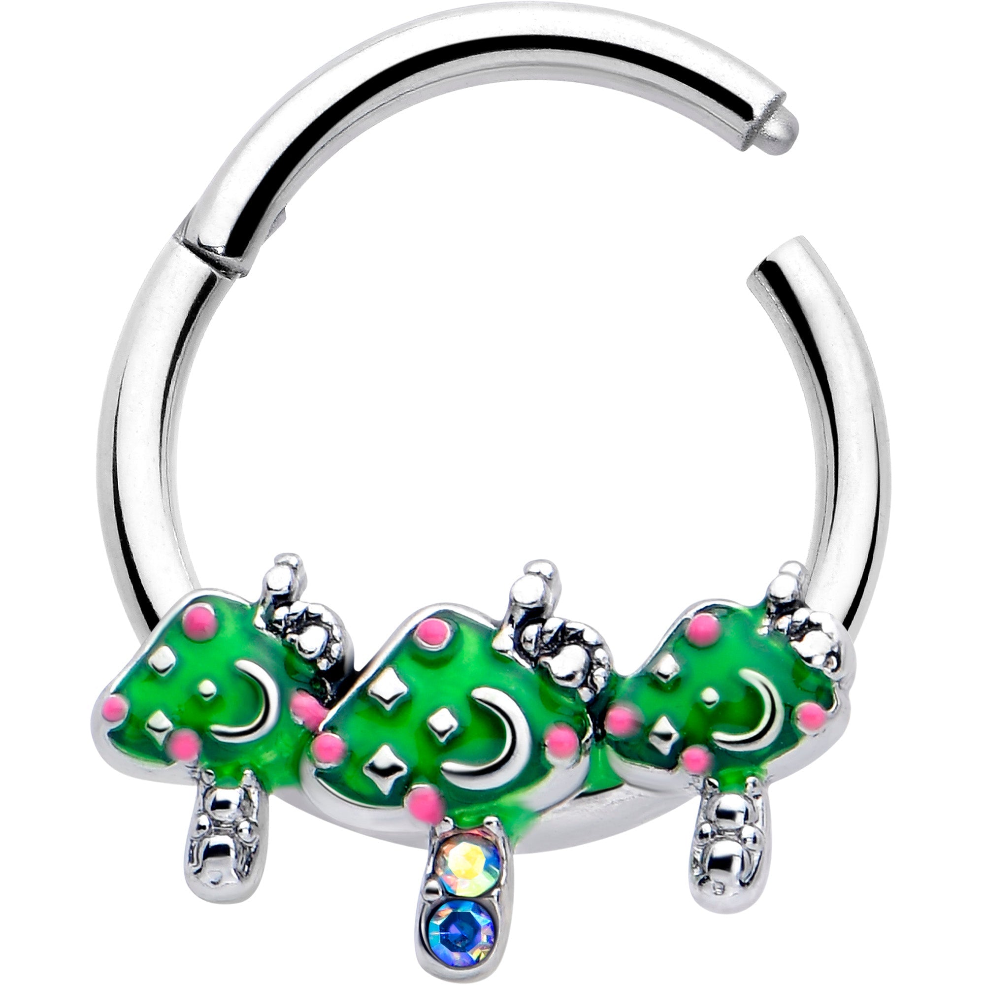 BodyCandy 16G 3/8 Aurora Gem Fanciful Green Mushroom Trio Hinged Segment Ring — detail close-up