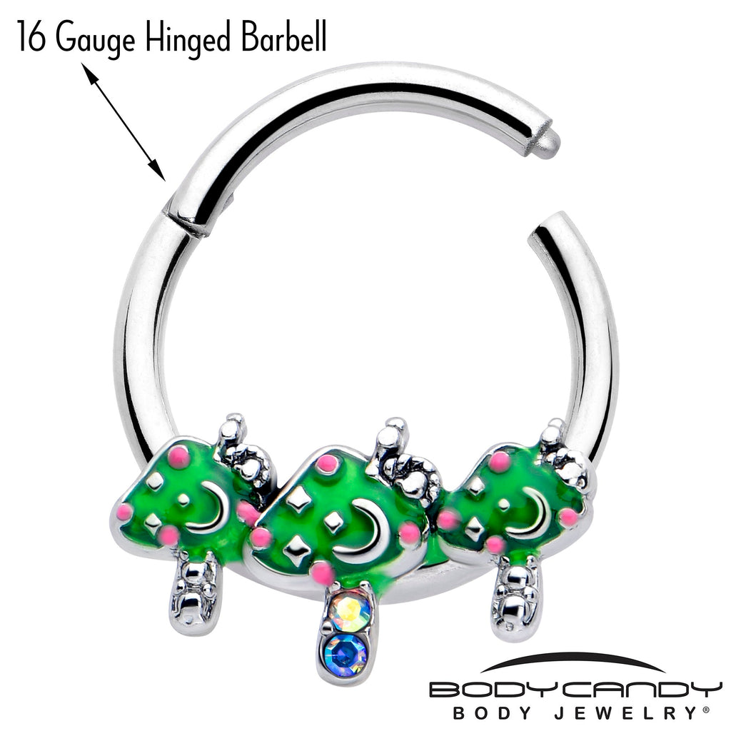 BodyCandy 16G 3/8 Aurora Gem Fanciful Green Mushroom Trio Hinged Segment Ring — lifestyle context