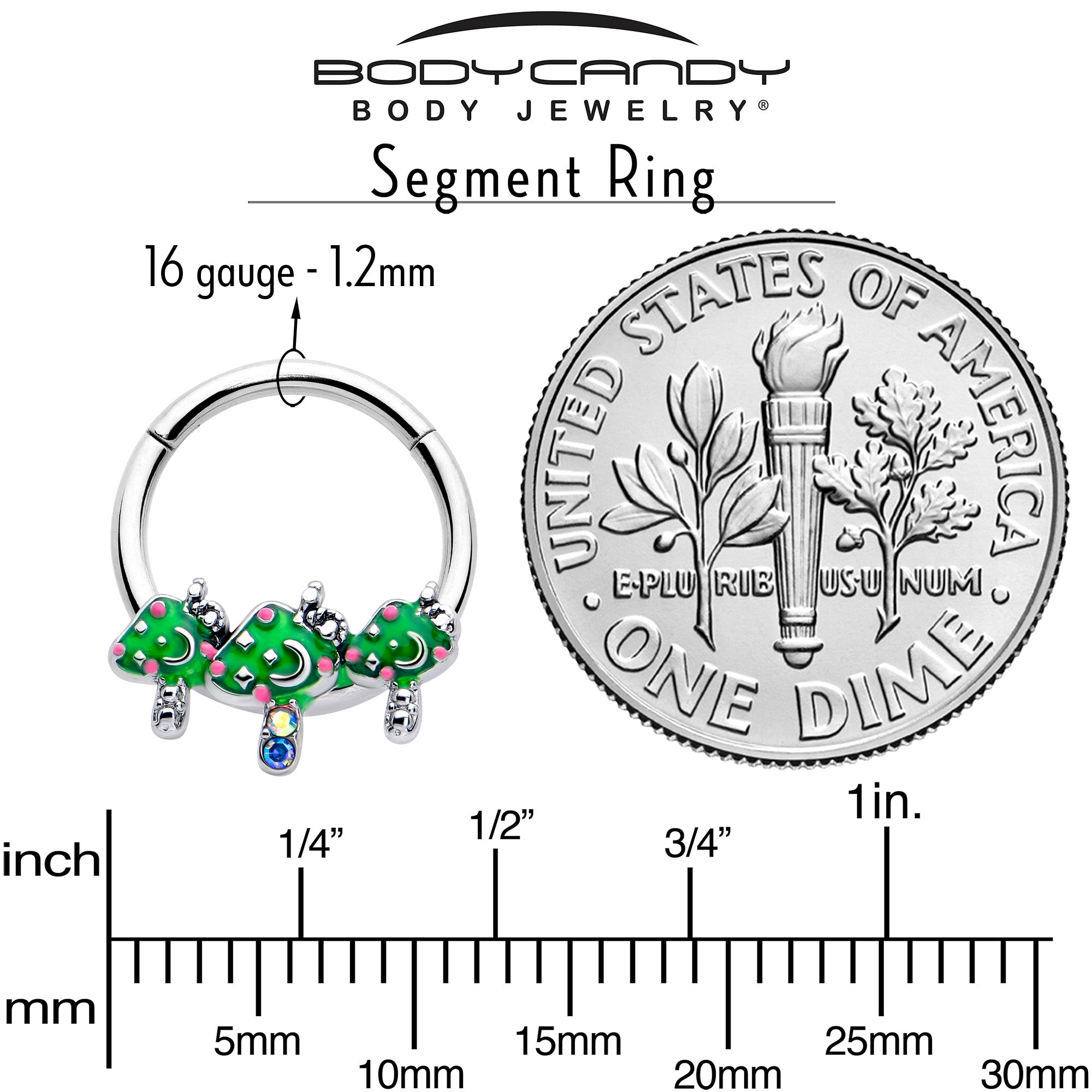 BodyCandy 16G 3/8 Aurora Gem Fanciful Green Mushroom Trio Hinged Segment Ring — side view