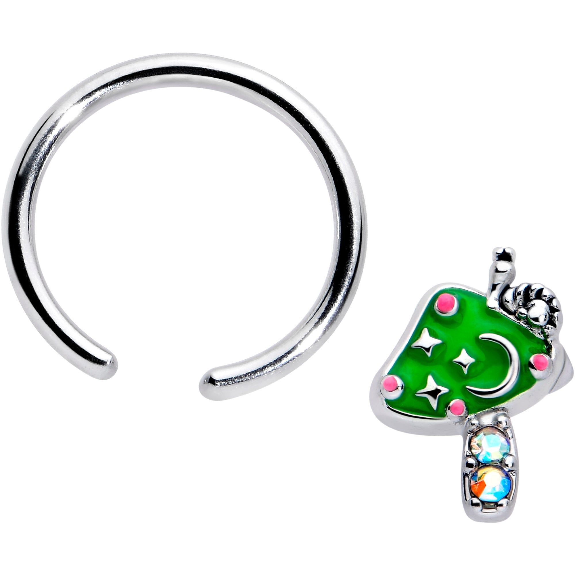 BodyCandy 16G 3/8 Aurora Gem Fanciful Green Mushroom BCR Captive Ring — detail close-up