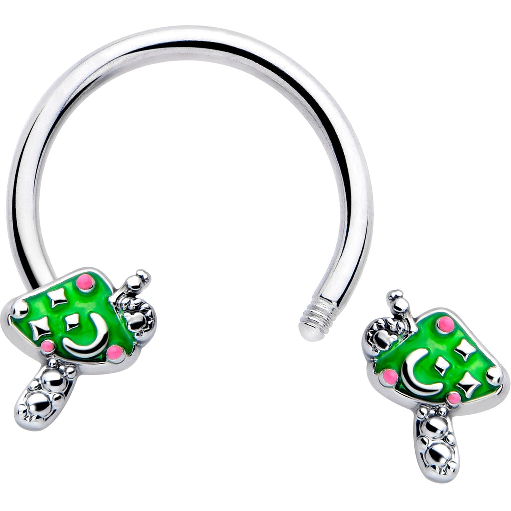 BodyCandy 16G 3/8 Fanciful Green Mushrooms Horseshoe Circular Barbell — detail close-up