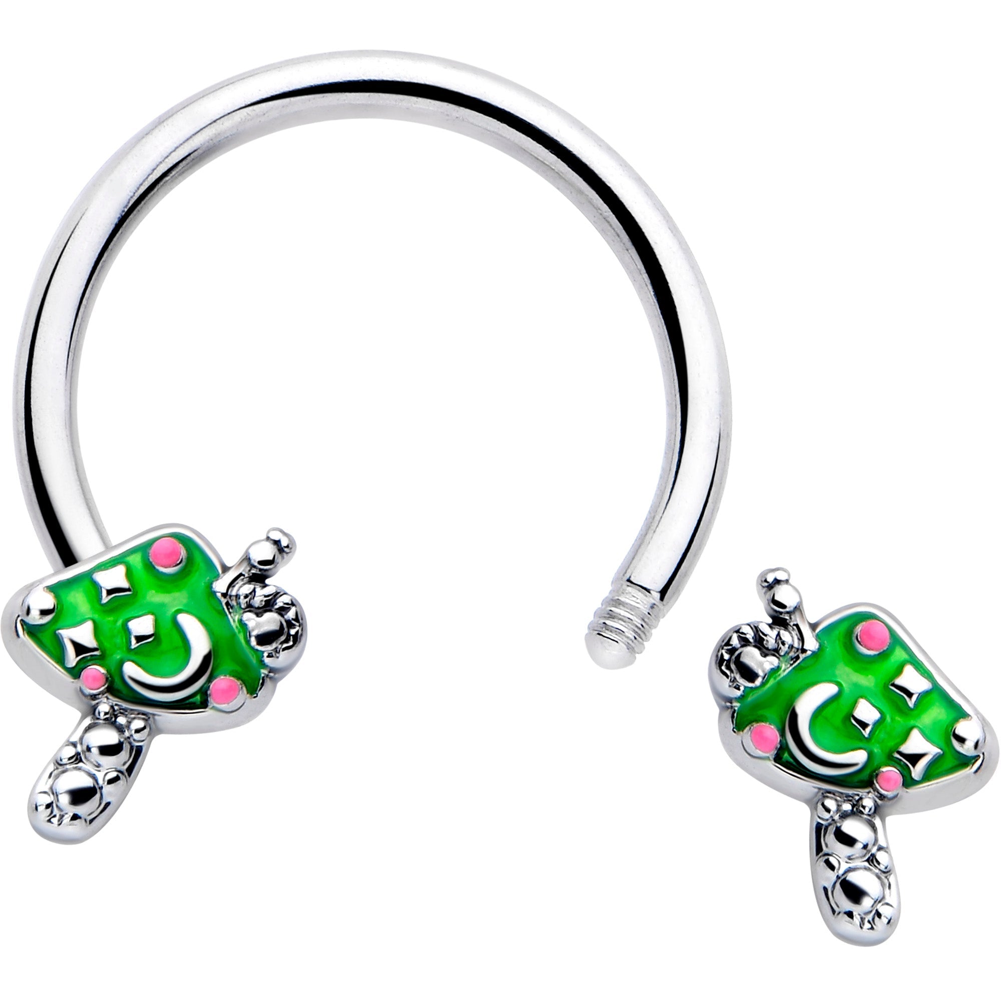 BodyCandy 16G 3/8 Fanciful Green Mushrooms Horseshoe Circular Barbell — detail close-up