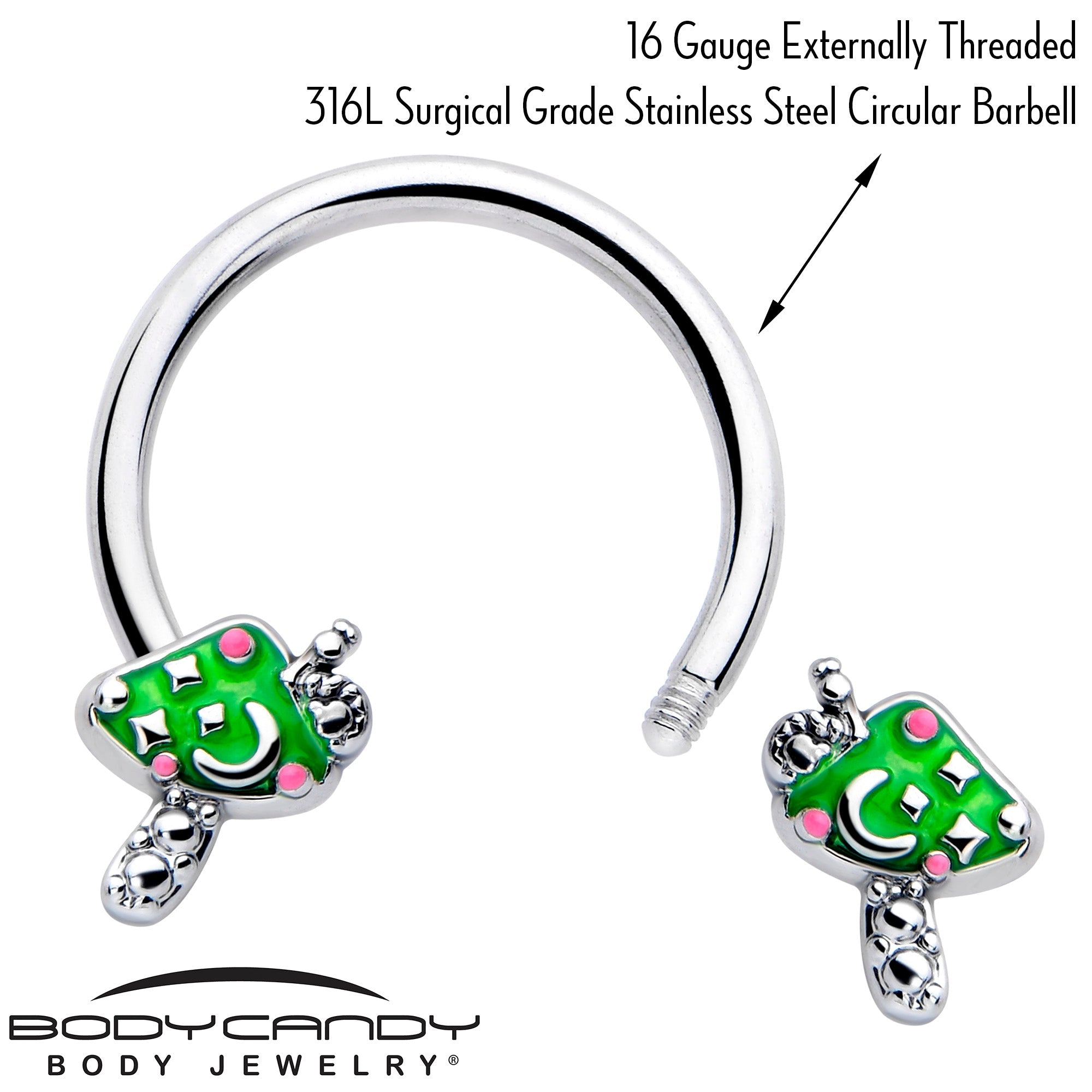 BodyCandy 16G 3/8 Fanciful Green Mushrooms Horseshoe Circular Barbell — lifestyle context