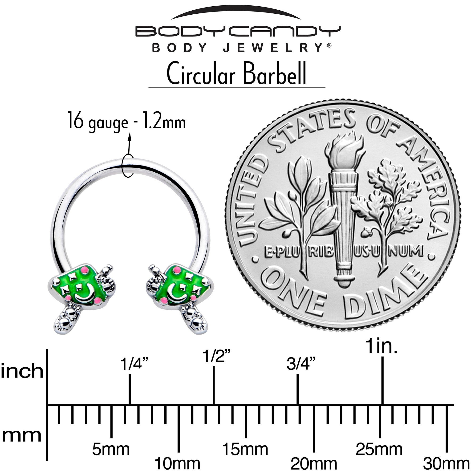 BodyCandy 16G 3/8 Fanciful Green Mushrooms Horseshoe Circular Barbell — side view