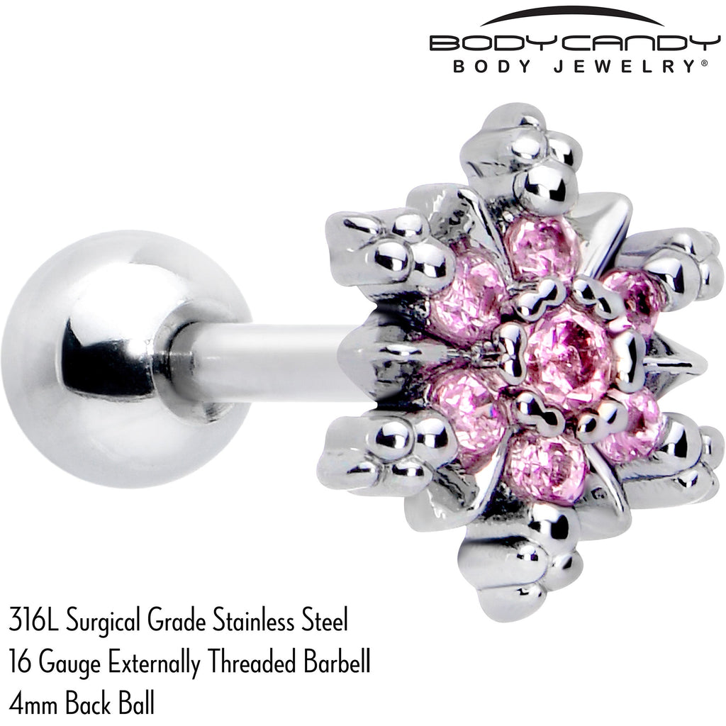 BodyCandy 16G 1/4 Pink CZ Gem Glam Snowflake Cartilage Tragus Earring — detail close-up